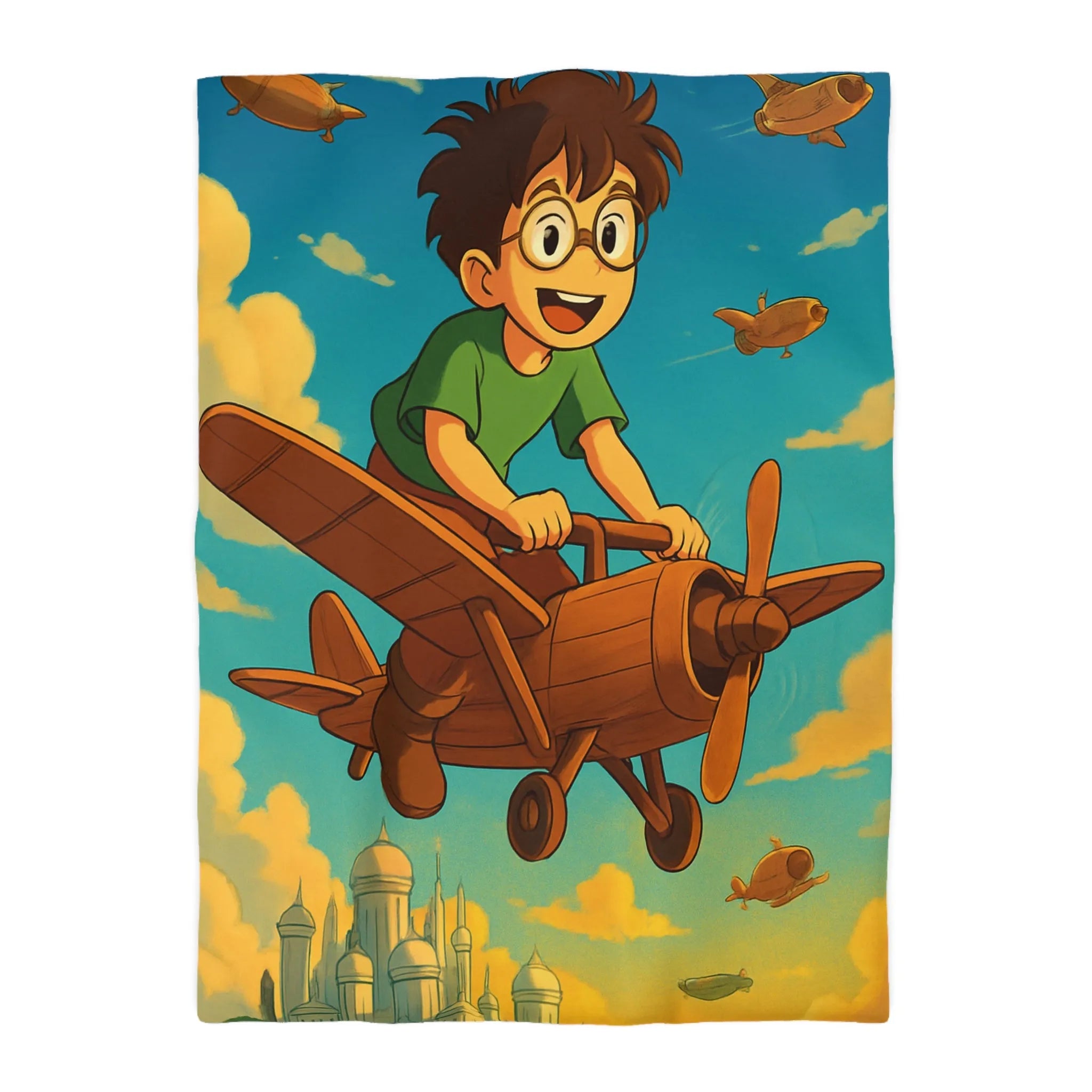 Aventure enfantine avec avion en bois survolant palais nuageux au coucher du soleil