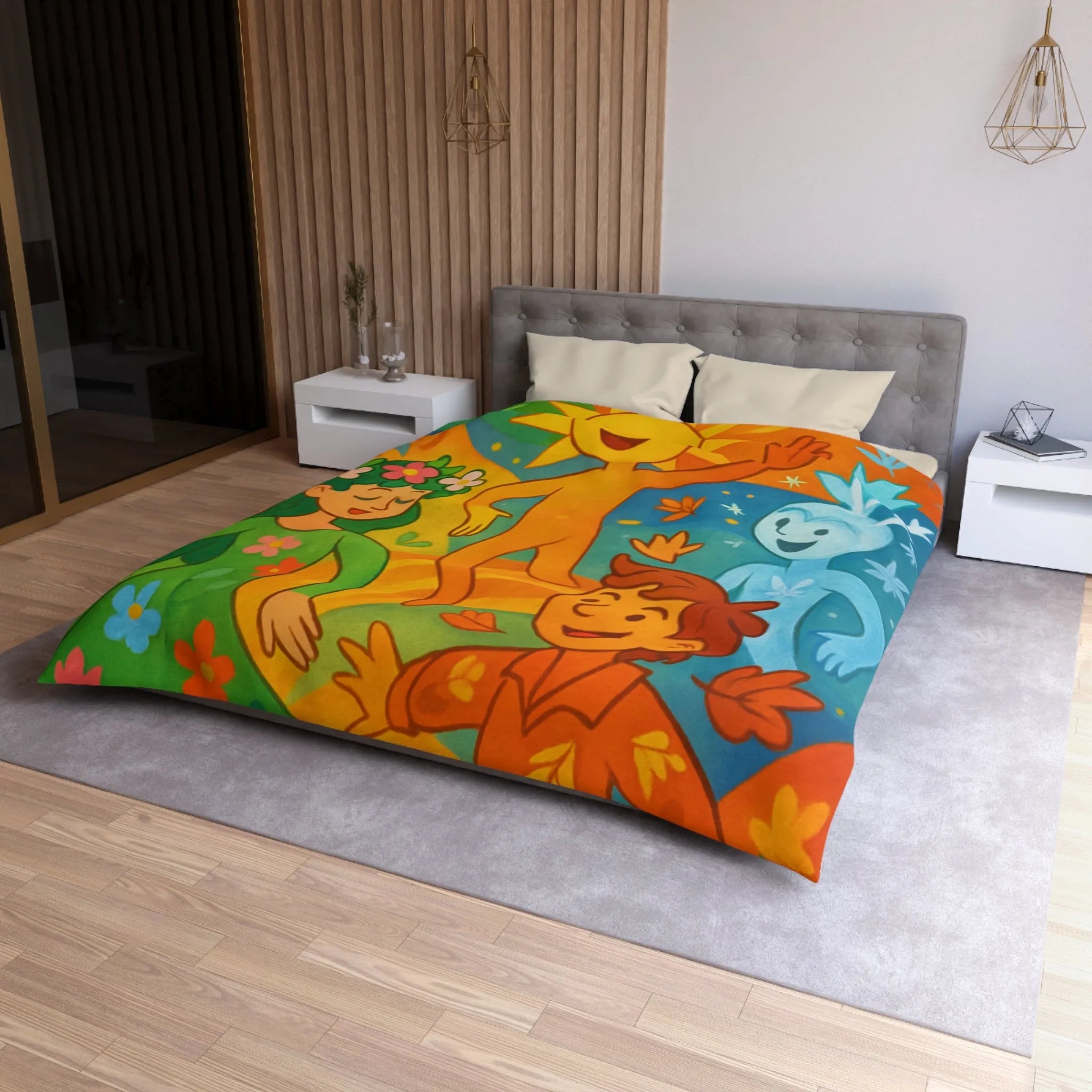 Housse de couette éclatante illustrant les quatre saisons dans un design ludique et coloré