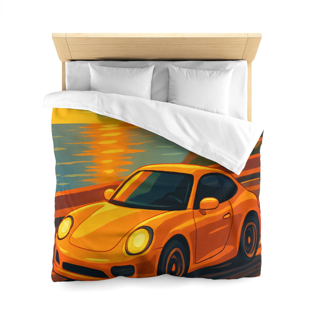 Housse de couette voiture sportive orange route côtière coucher de soleil paysage vibrant