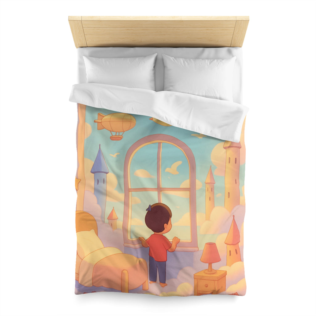 Housse de couette rêveuse enfantine avec nuages, dirigeables et oiseaux volants paisibles