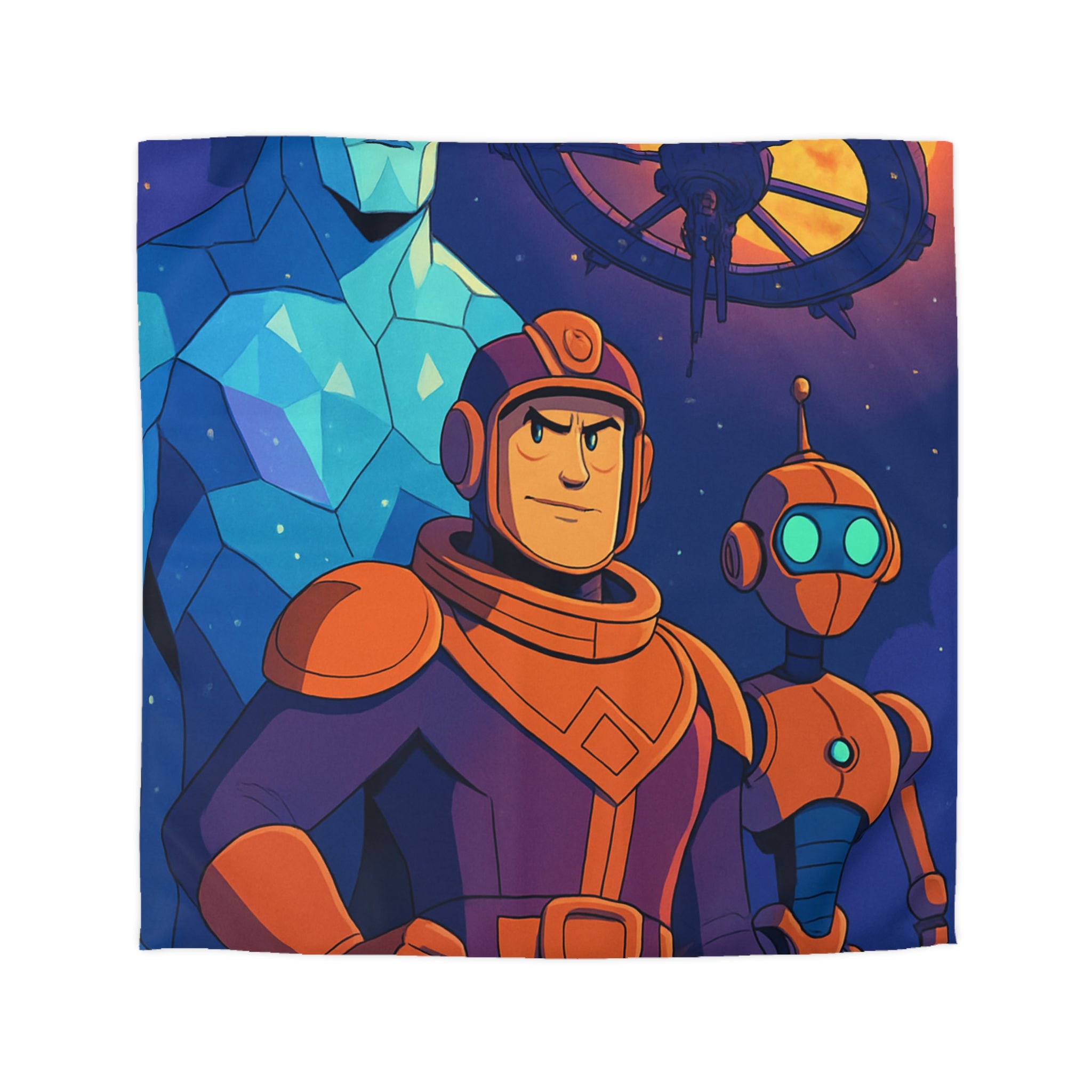 Housse de Couette Space Adventure: Héros, Robot et Alien Sous Lune Éclatante