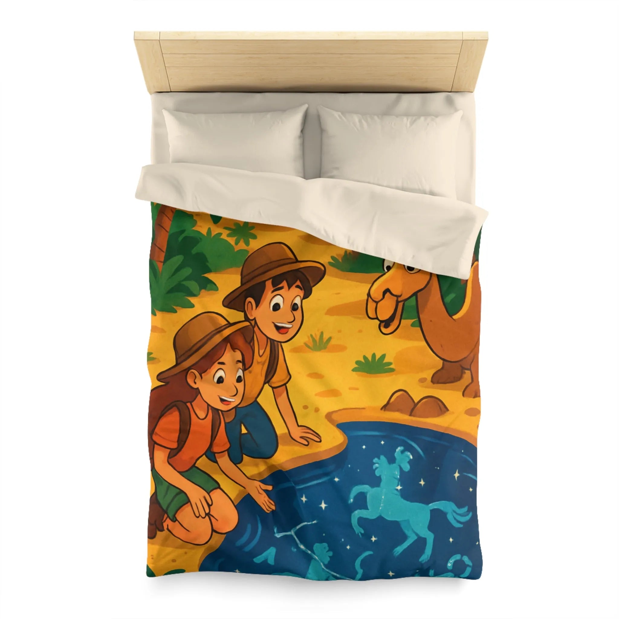 Housse de couette désert exotique enfants étoiles, animaux et aventuriers explorant oasis magique