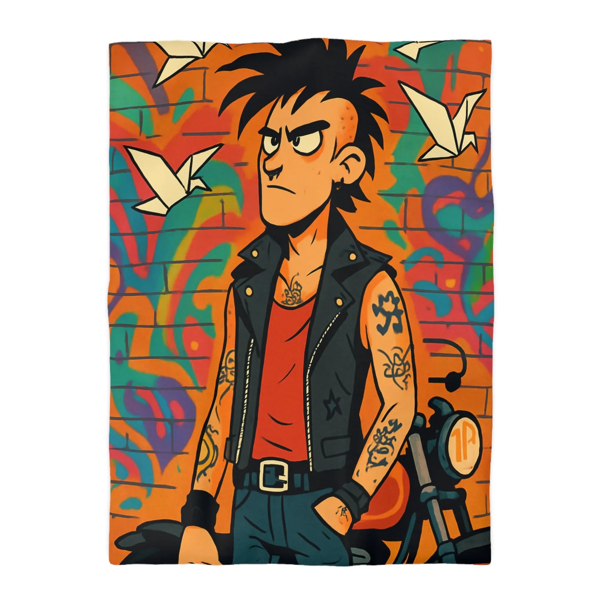 Housse de couette avec imprimé punk, moto et graffitis, ambiance urbaine colorée