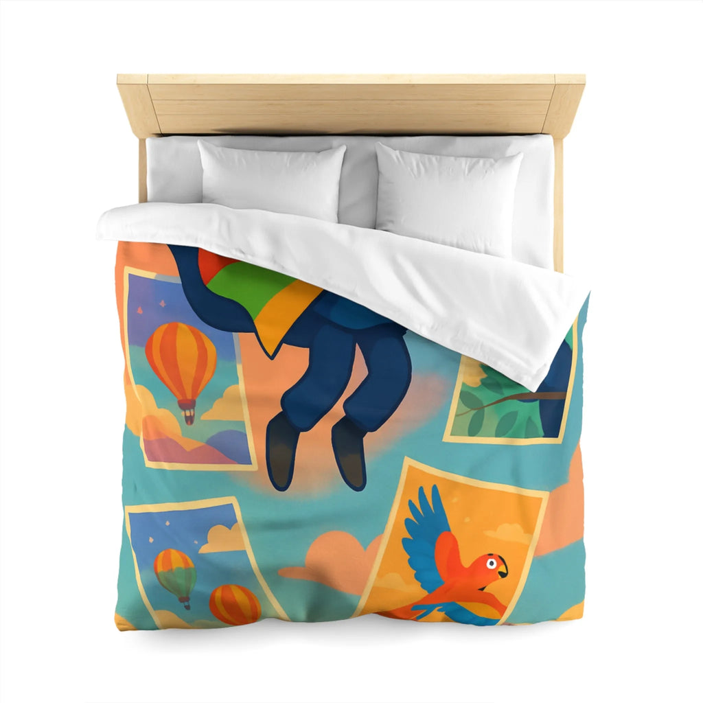 Housse de couette colorée avec motifs d'aventure de montgolfières et oiseaux exotiques