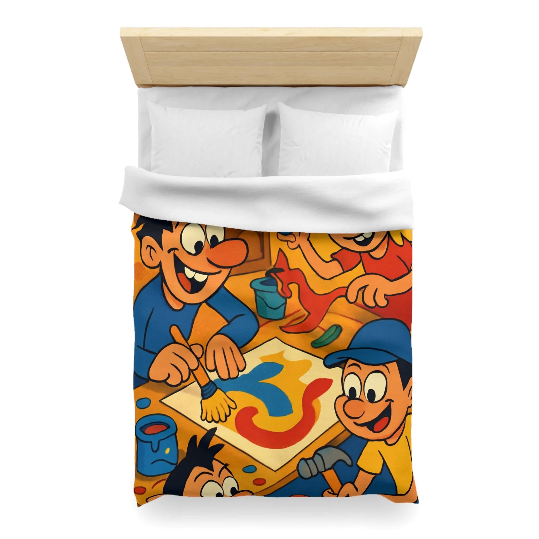 Housse de couette coloriée ludique avec enfants joyeux peignant et créant ensemble dans atelier