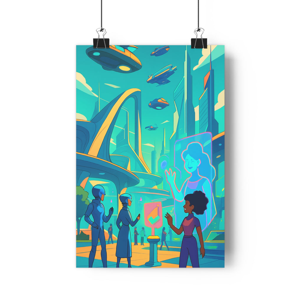 Poster décoratif cartoon futuriste néon bleu vert orange bureau chambre enfant dynamique moderne 30x46