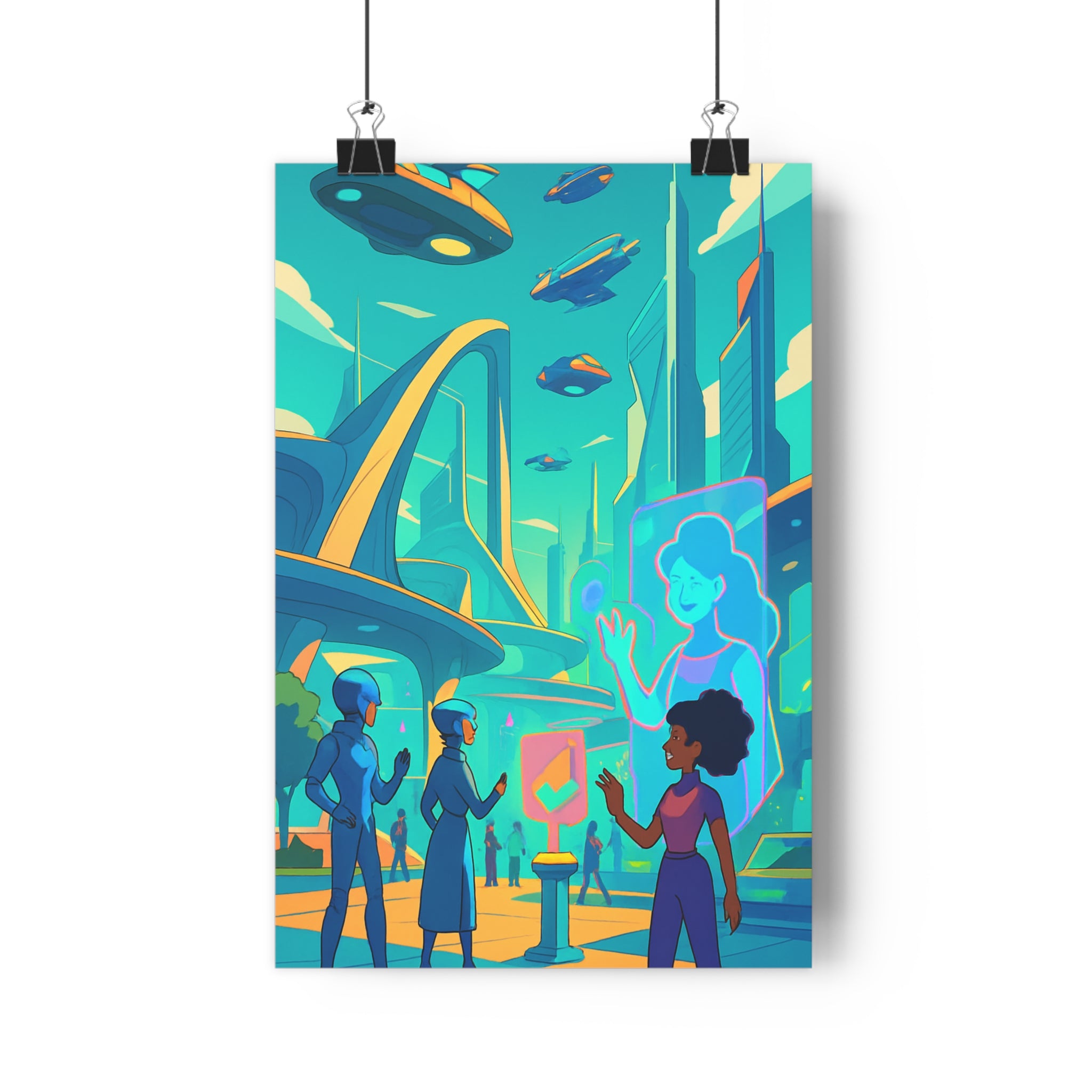 Poster décoratif cartoon futuriste néon bleu vert orange bureau chambre enfant dynamique moderne 30x46