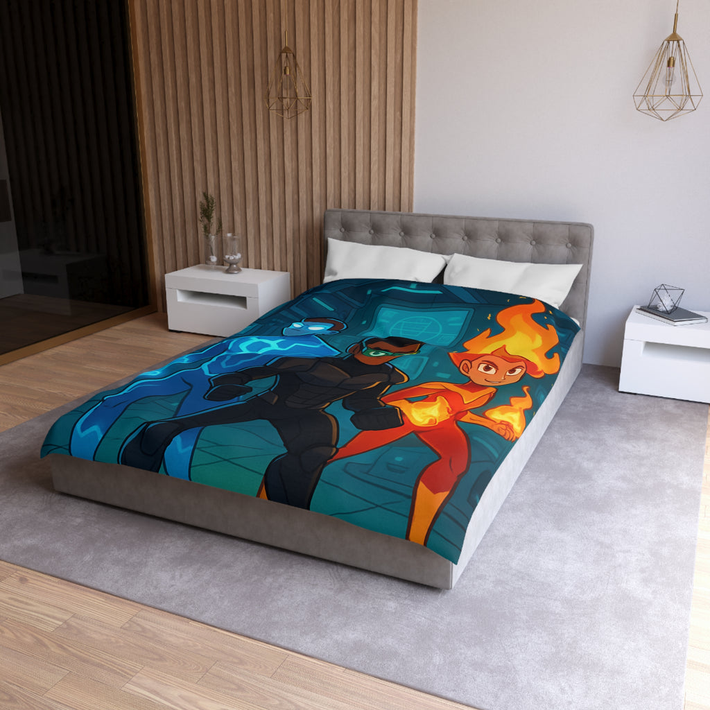 Housse de couette super-héros colorée avec motifs de feu, glace et technologie futuriste