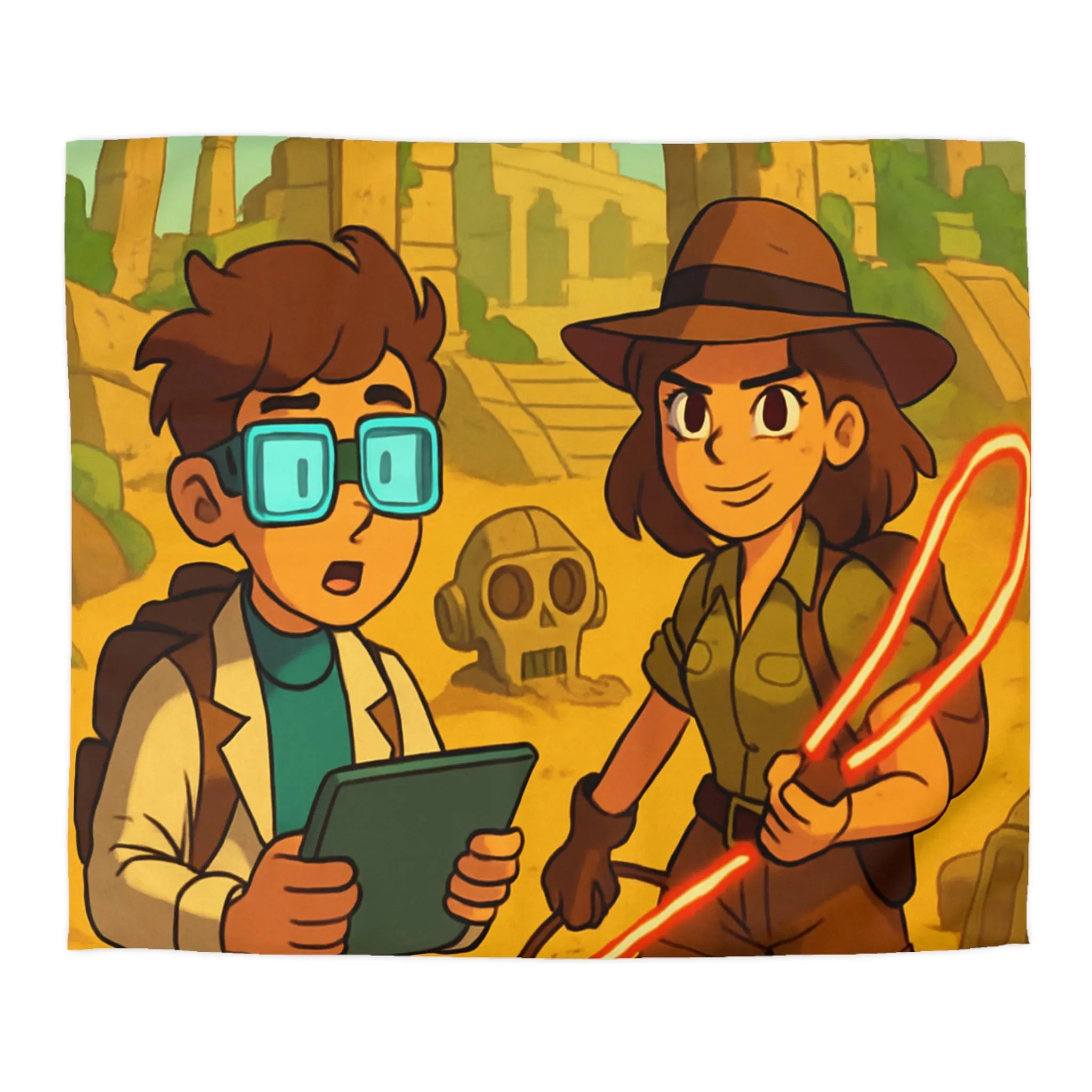 Housse de couette aventuriers explorant ruines mystérieuses en style cartoon animé coloré