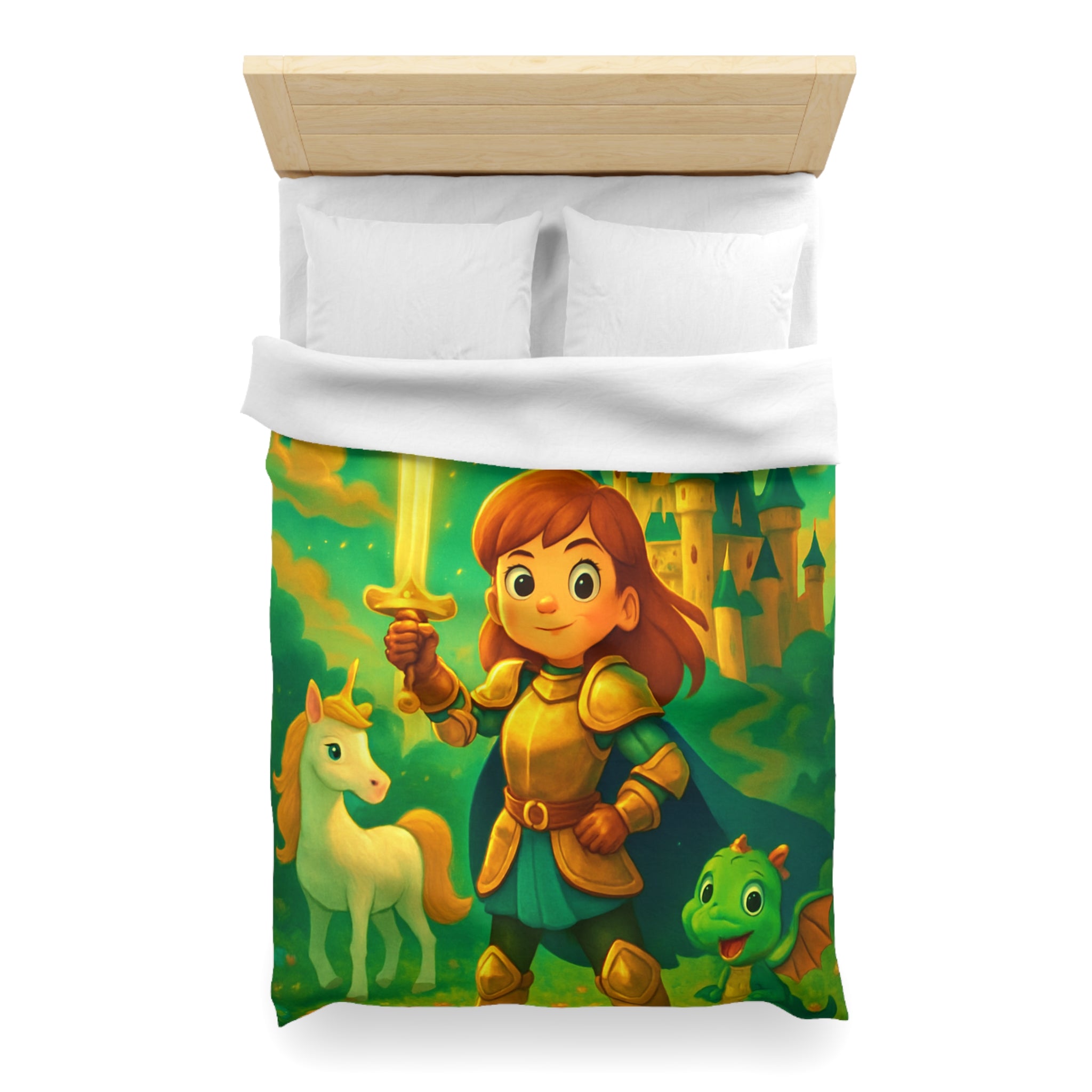 Housse de couette pour enfants avec chevalier, château et animaux fantastiques