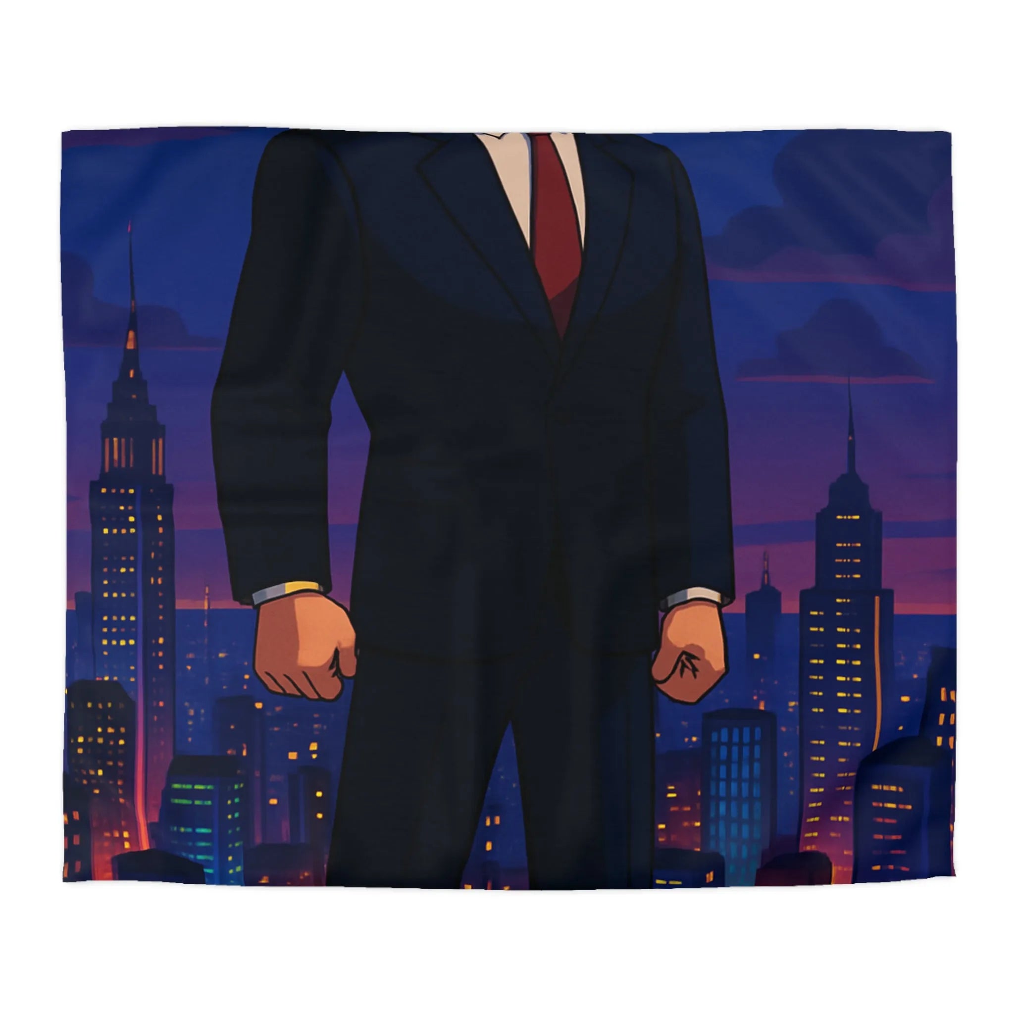 Héros musclé en costume noir observant la ville illuminée au crépuscule animé