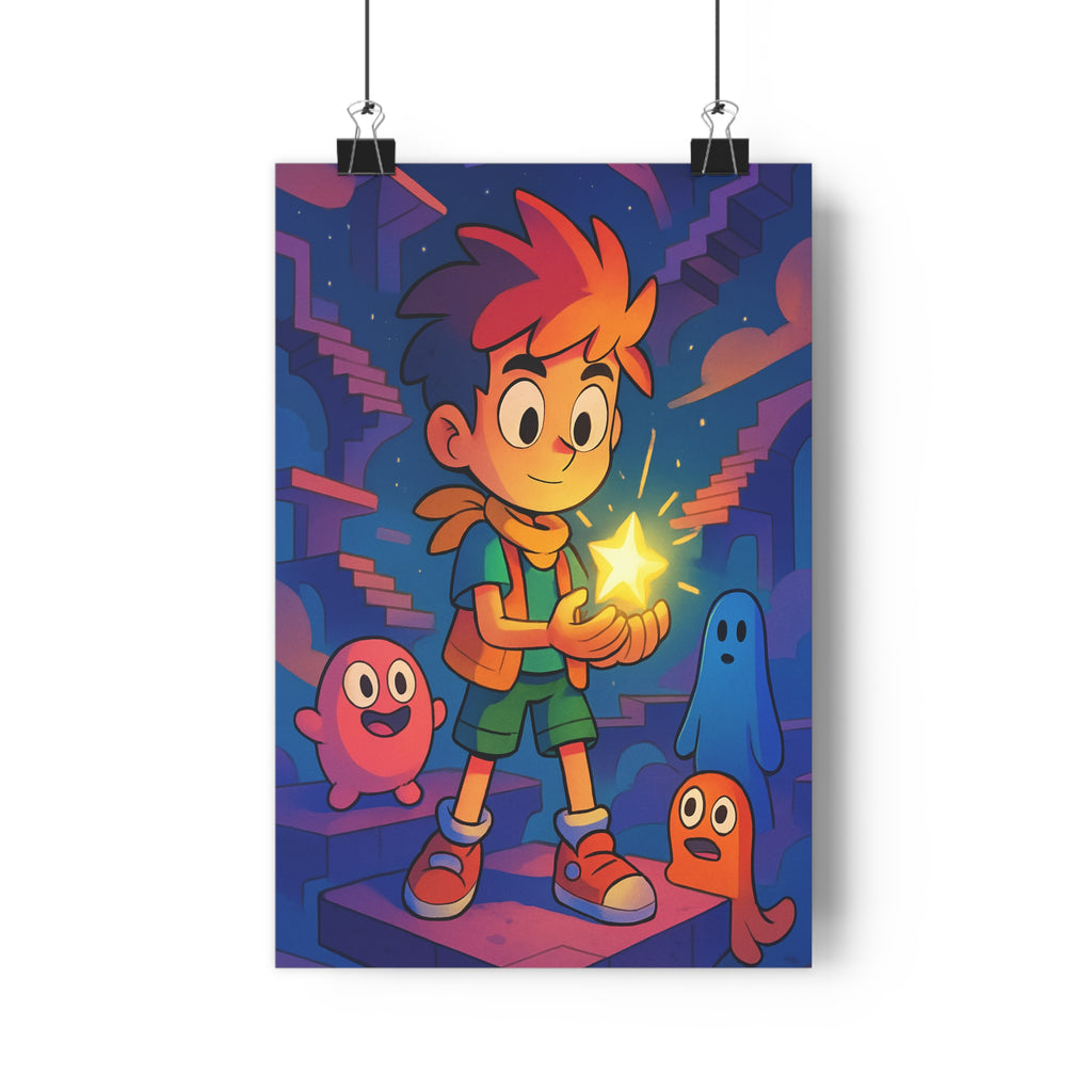 Poster décoratif jeune aventurier étoile lumineuse créatures colorées cartoon magique enfant chambre 30x46 cm