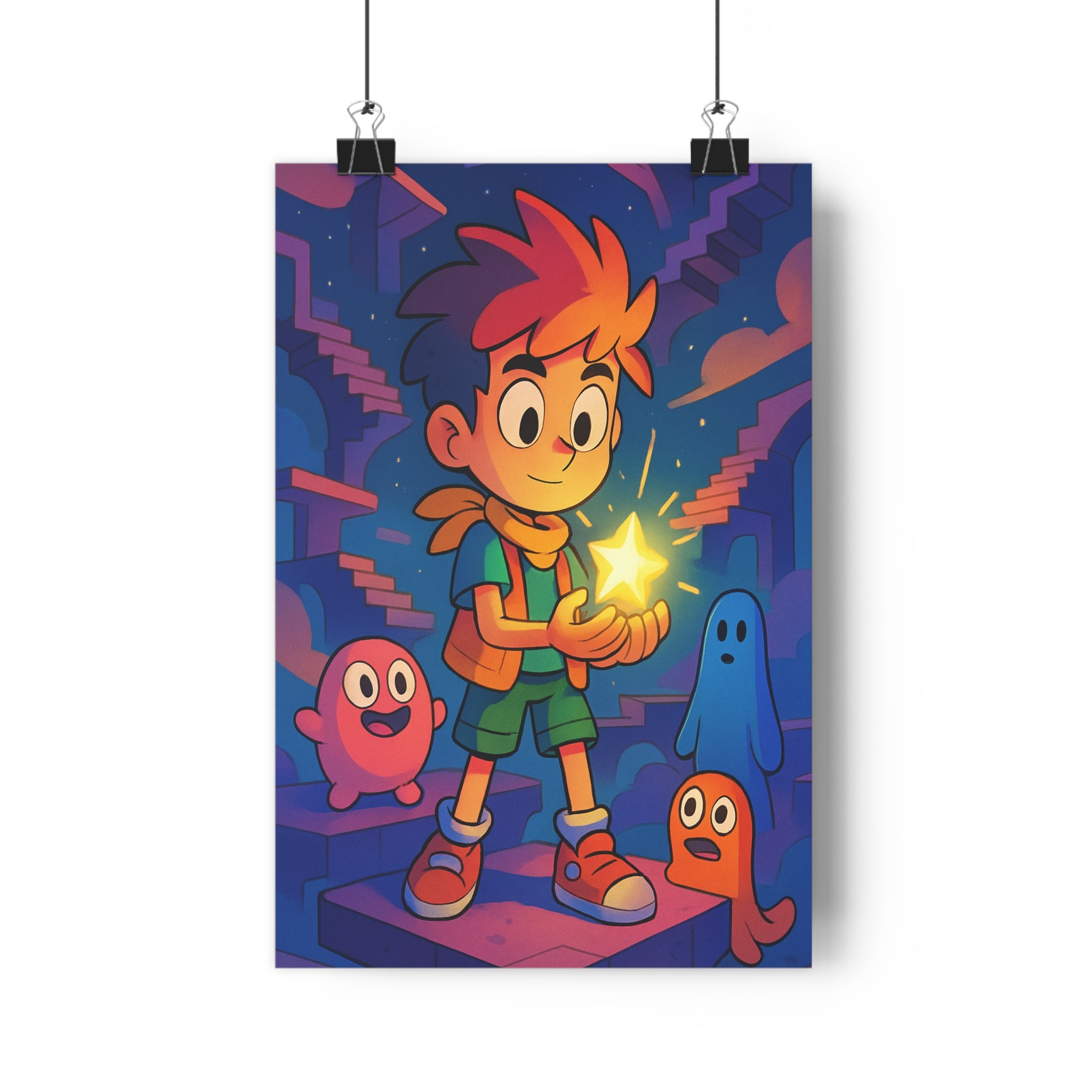 Poster décoratif jeune aventurier étoile lumineuse créatures colorées cartoon magique enfant chambre 30x46 cm