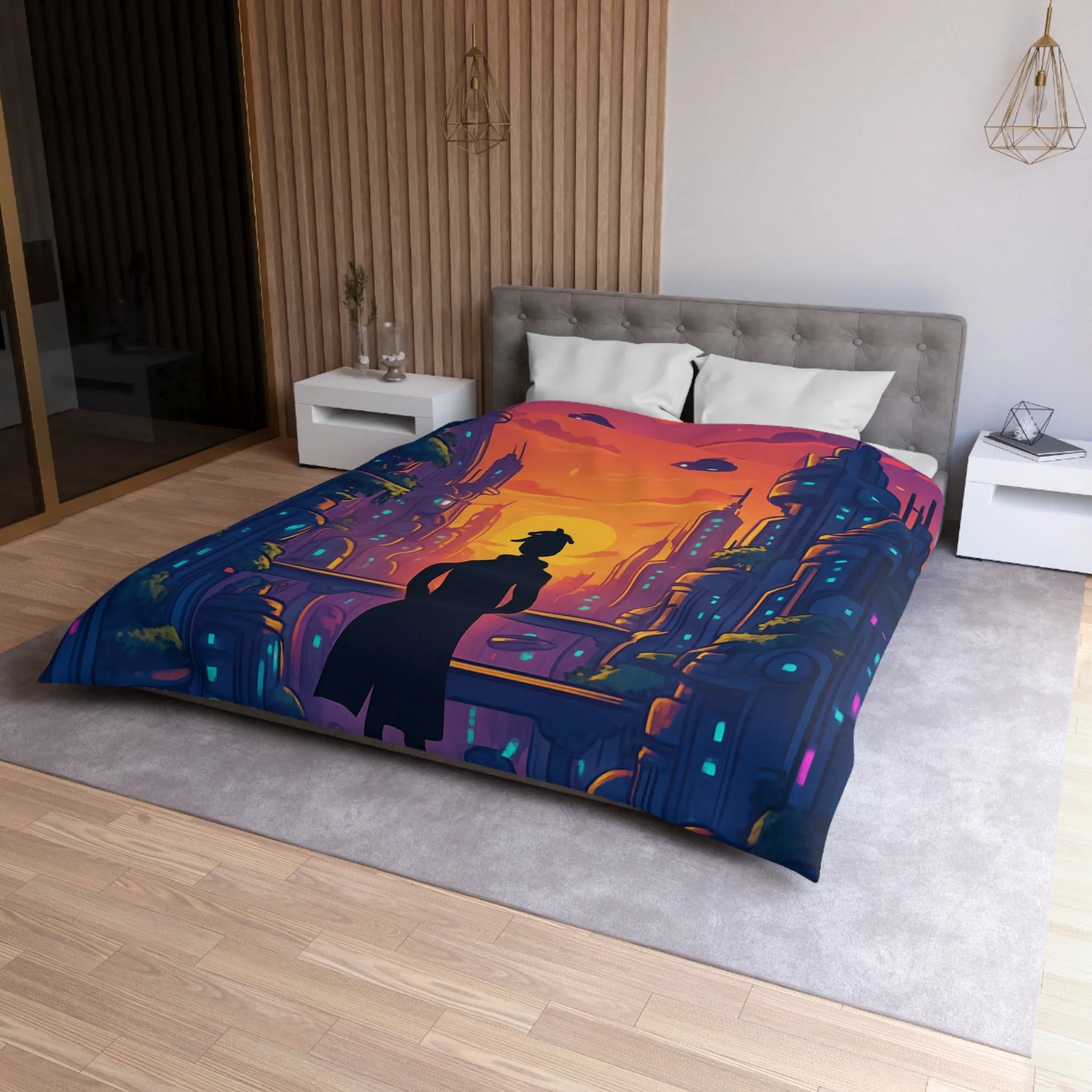 Housse de Couette Futuriste avec Paysage Urbain et Ciel Étoilé Orange et Bleu