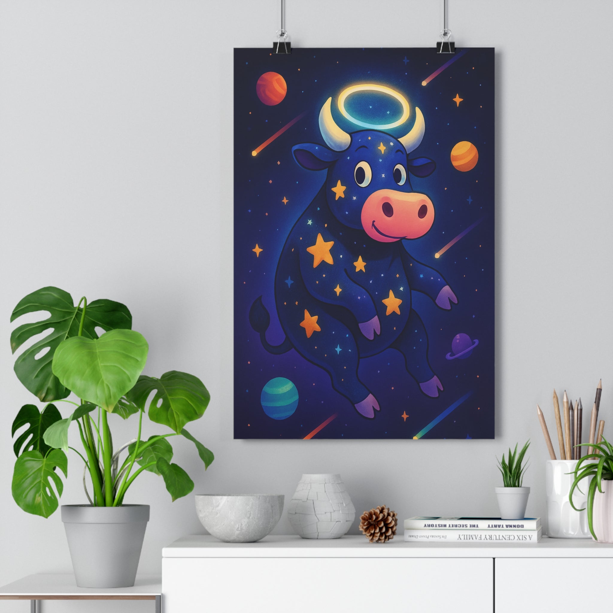 Poster décoratif enfant dessin animé cosmique bleu jaune créatif magique chambre fantaisie rêve espace