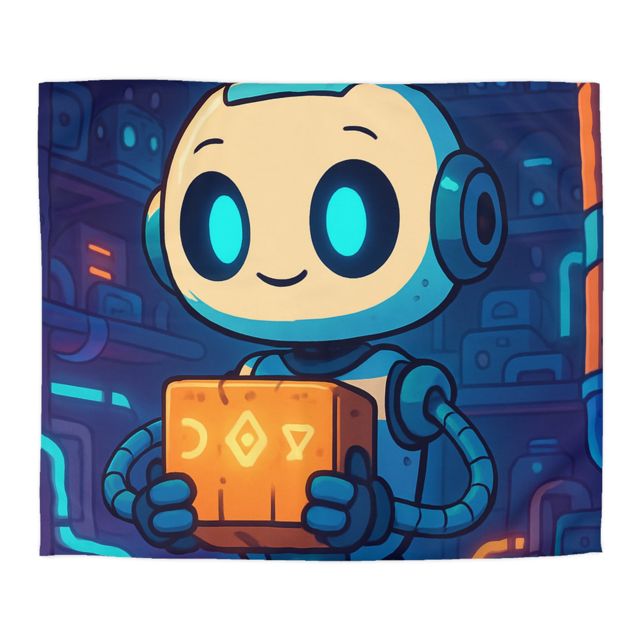 Housse de couette robot ludique bleu avec boîte mystérieuse ambiance futuriste enfantine