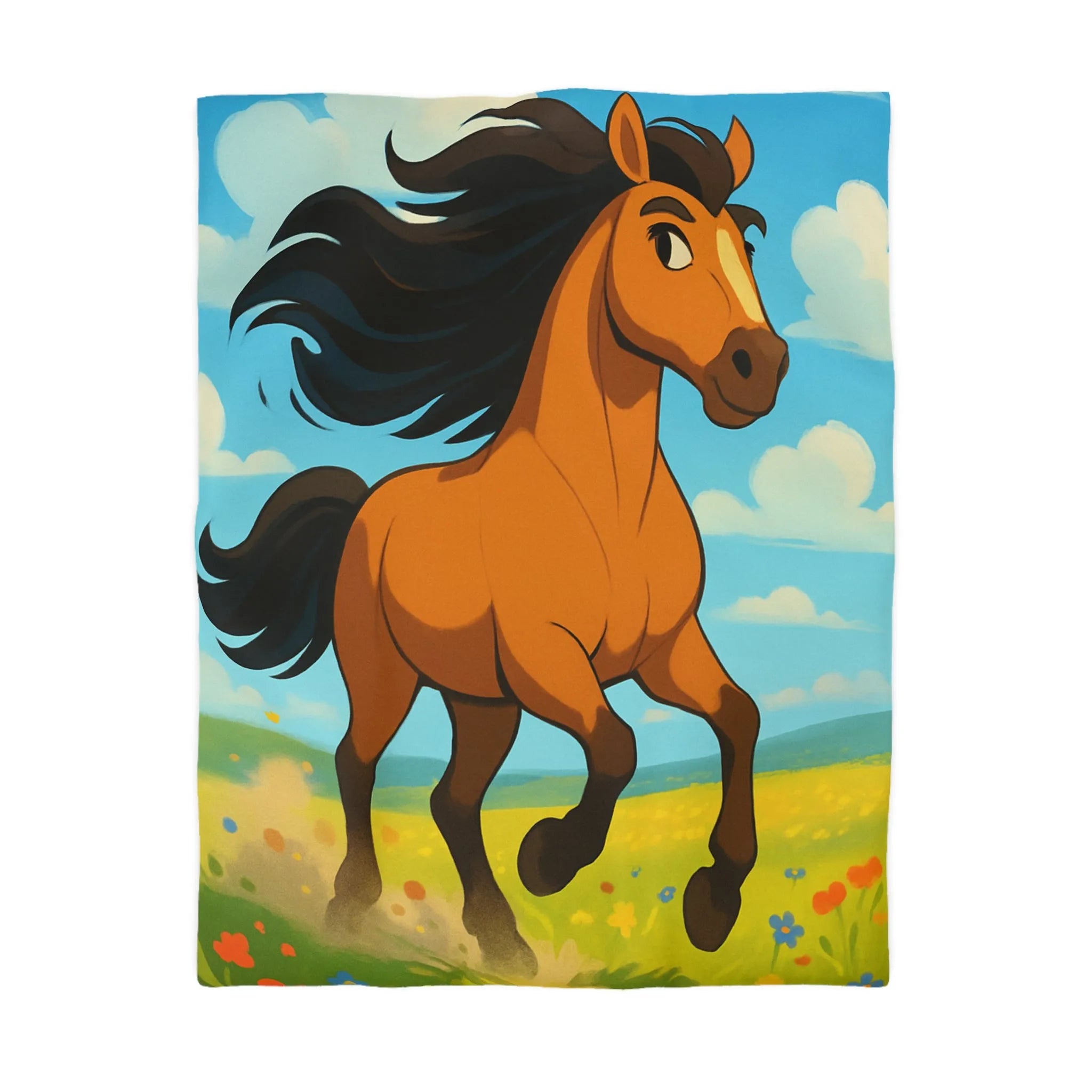 Housse de couette cheval couleur vive, prairie en fleurs, nuages, ciel bleu