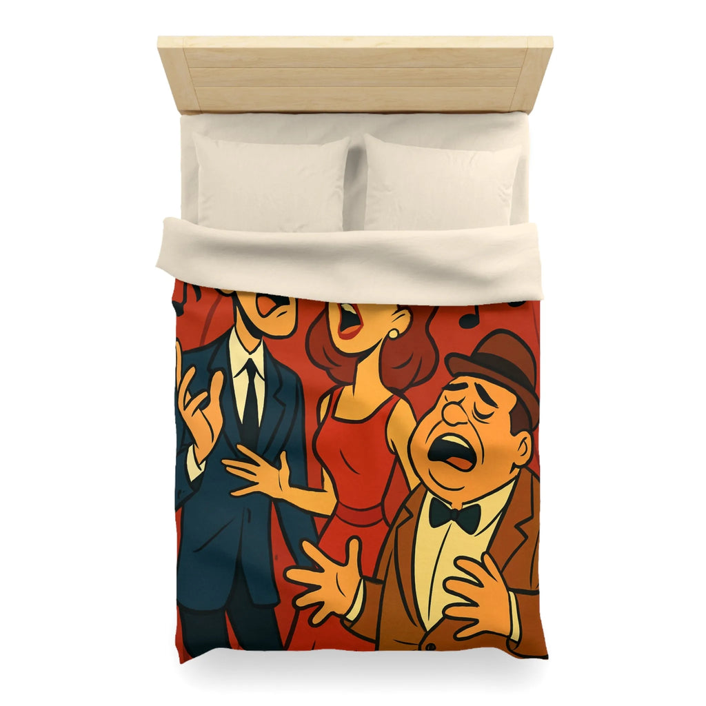 Ensemble vocal vintage animé exubérant, scène musicale rétro avec fond rouge et notes