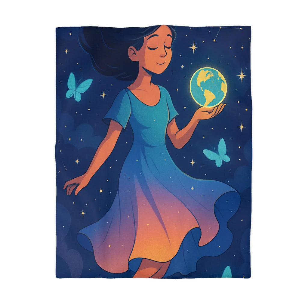 Housse de couette enfant rêve étoilé fille flottant avec globe et papillons