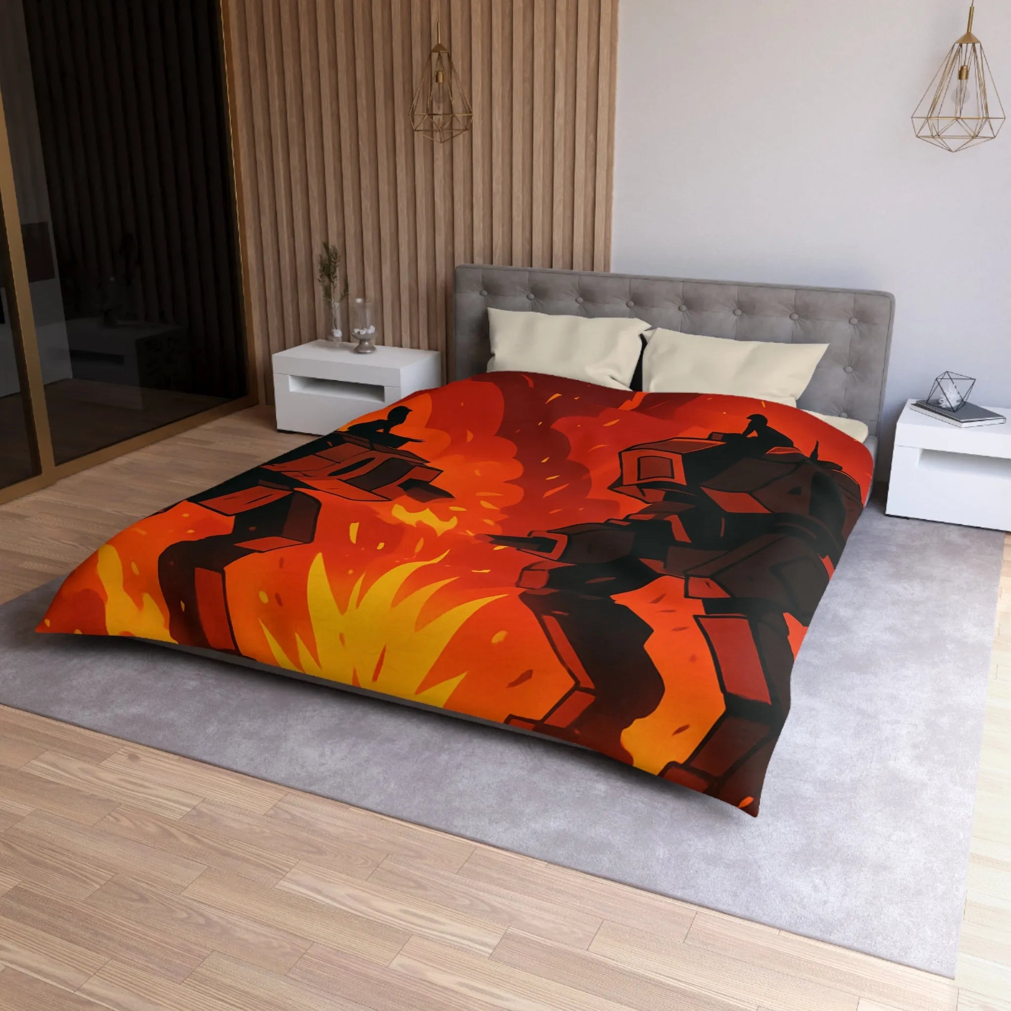 Housse de couette avec robots géants dans un duel épique sous ciel enflammé