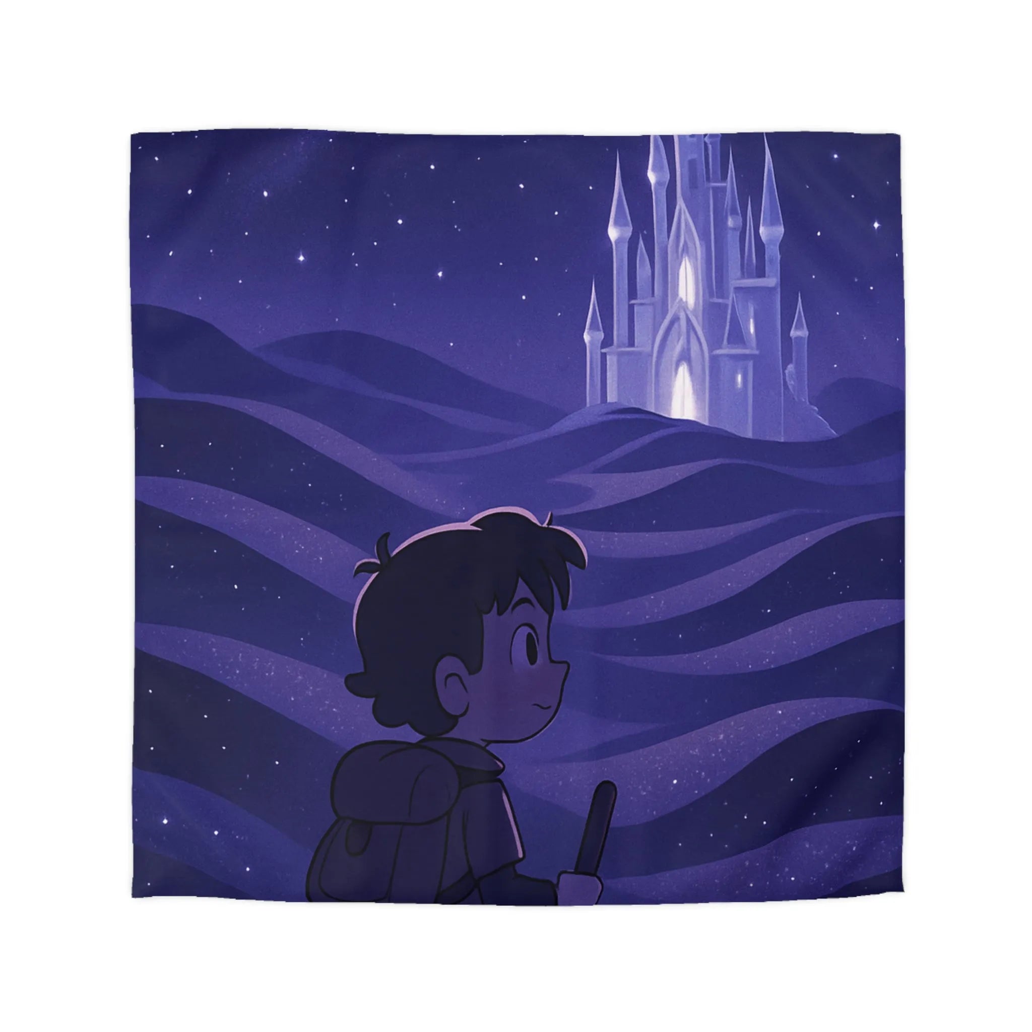 Housse de couette magique avec château céleste et promeneur nocturne scintillant
