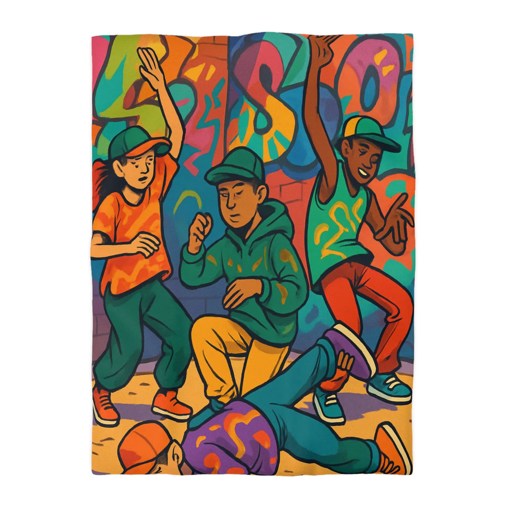 Housse de couette colorée illustrant danseurs de rue avec graffiti urbain énergisant