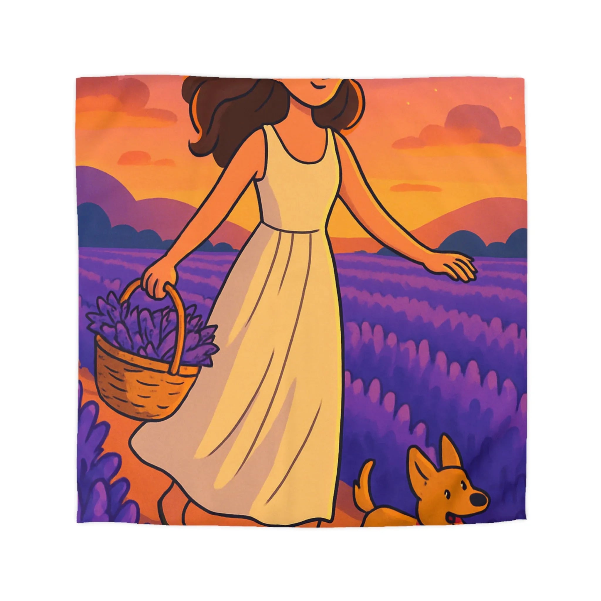 Housse de couette avec design fille et chien dans champ de lavande au coucher du soleil