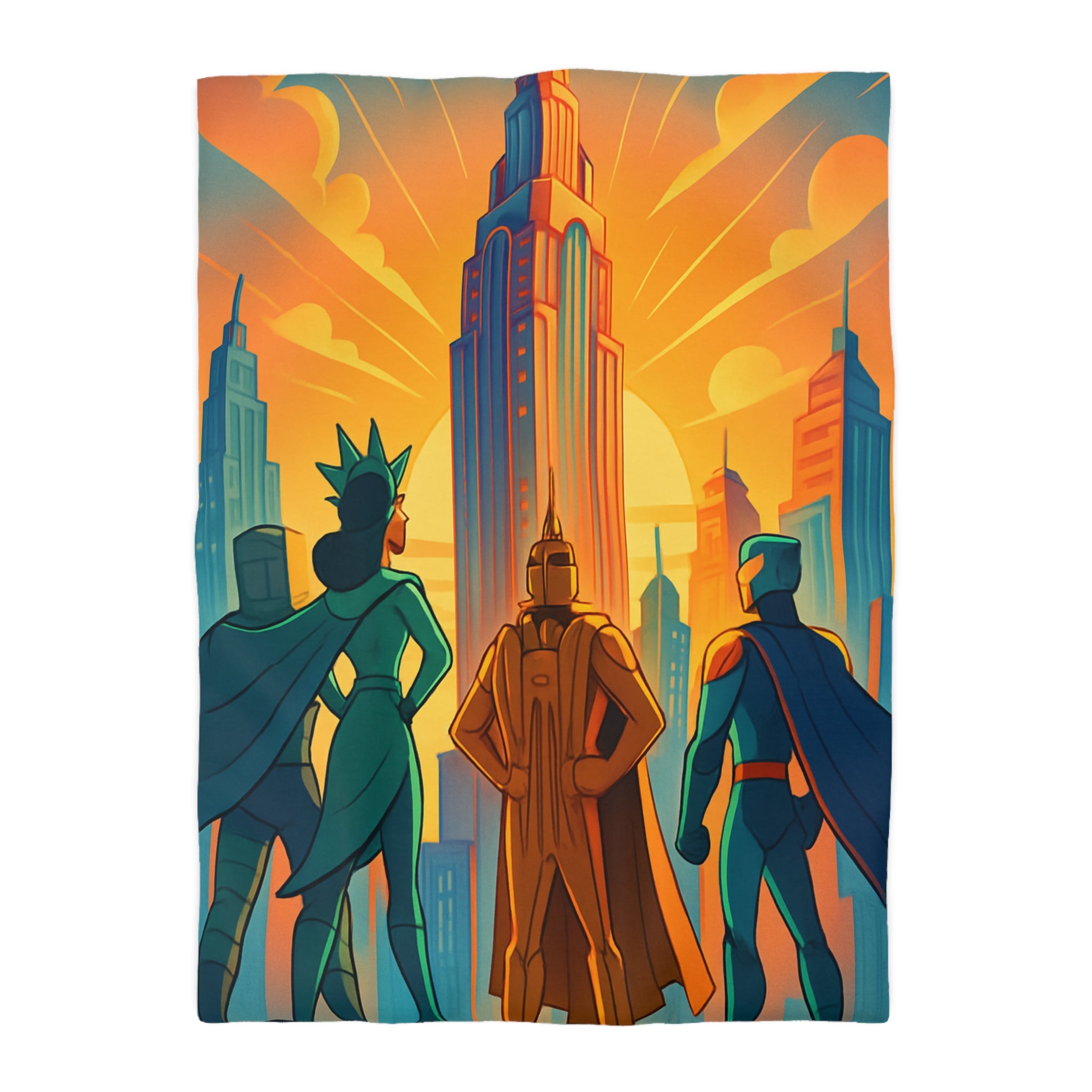 Super-héros courageux contemplant une ville moderne au lever du soleil urbain majestueux