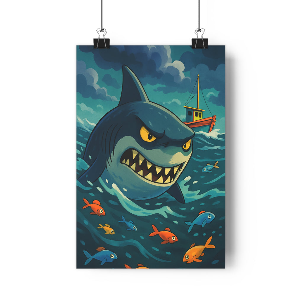 Poster décoratif cartoon requin menaçant vagues coloré chambre enfant ludique vibrant dynamique aventureux contrasté