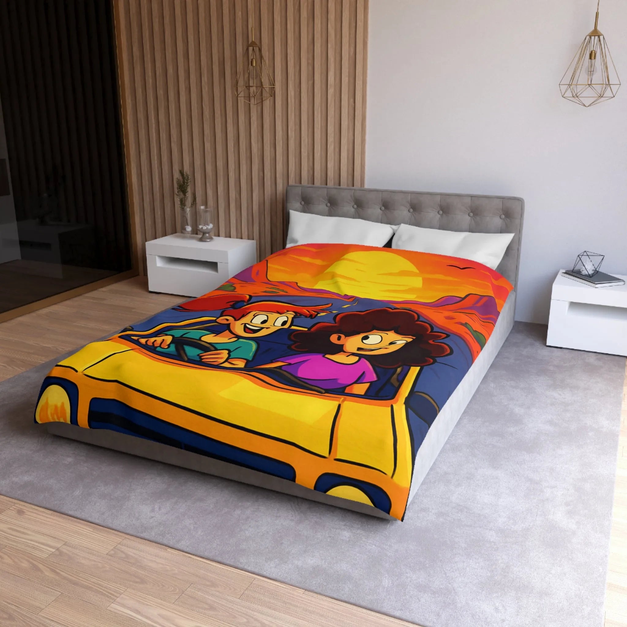 Housse de couette lumineuse pour enfants avec coucher de soleil animé en voiture joyeuse