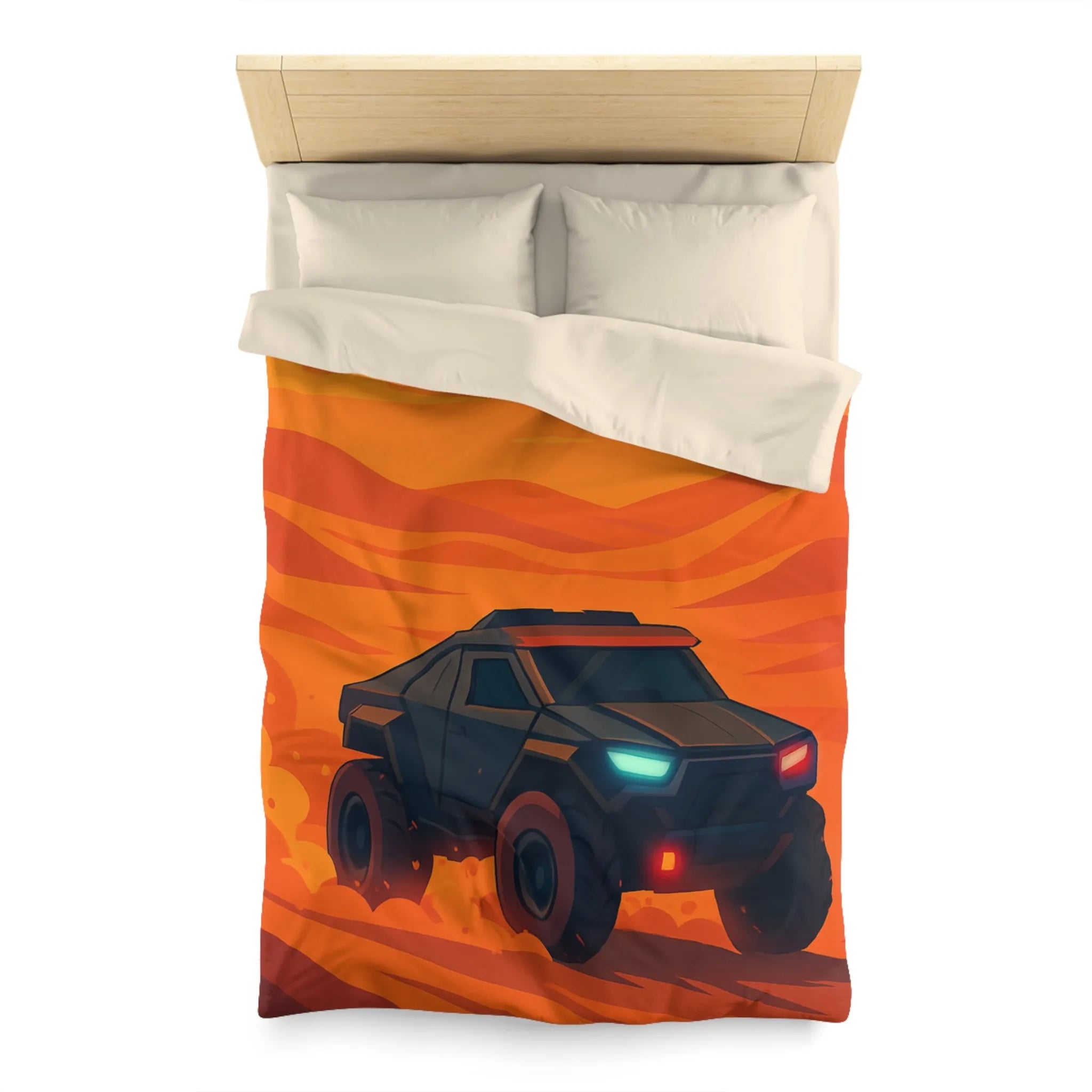 Housse de couette avec design de voiture tout-terrain dans désert orange au coucher du soleil