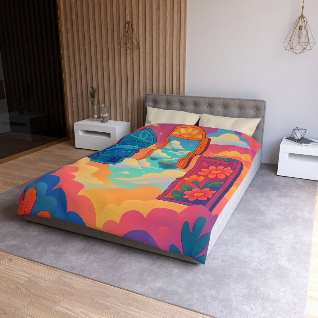 Housse de couette colorée avec trois portes magiques et paysages oniriques enchanteurs