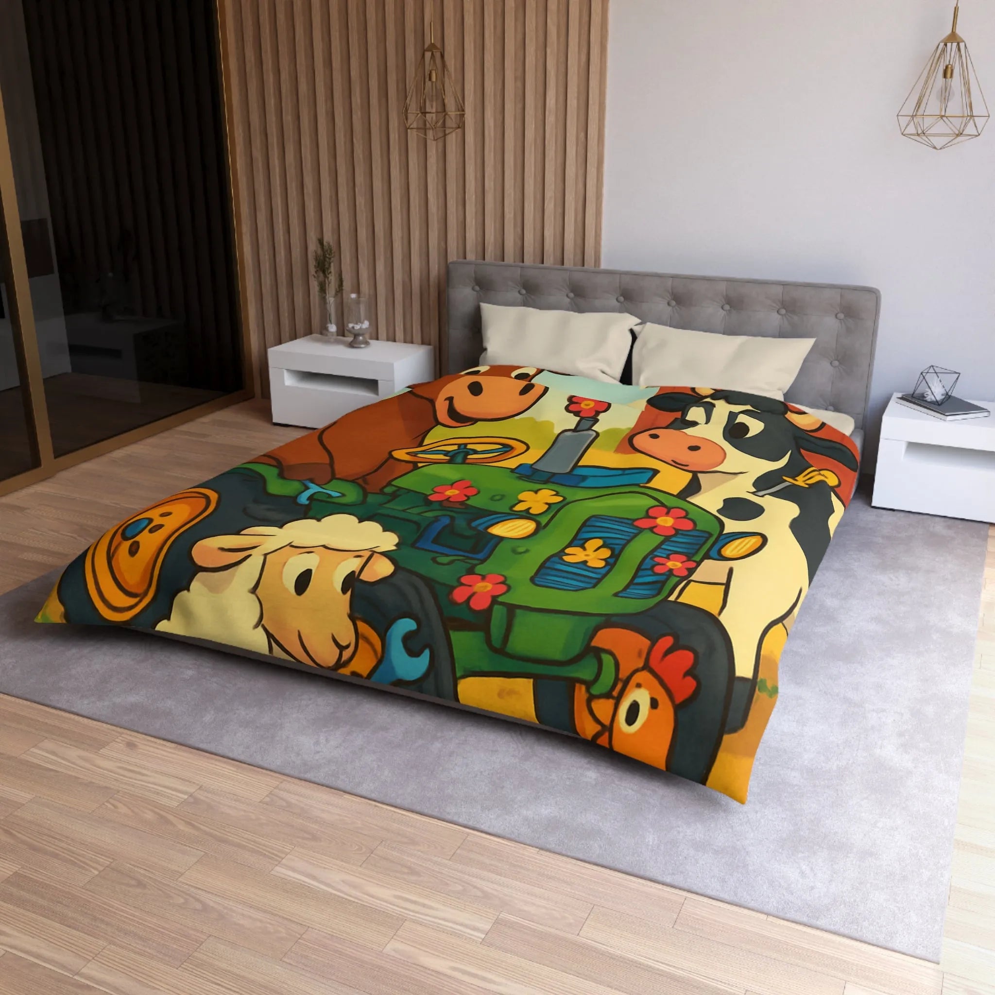 Housse de couette colorée avec animaux amusants à la ferme et tracteur ludique