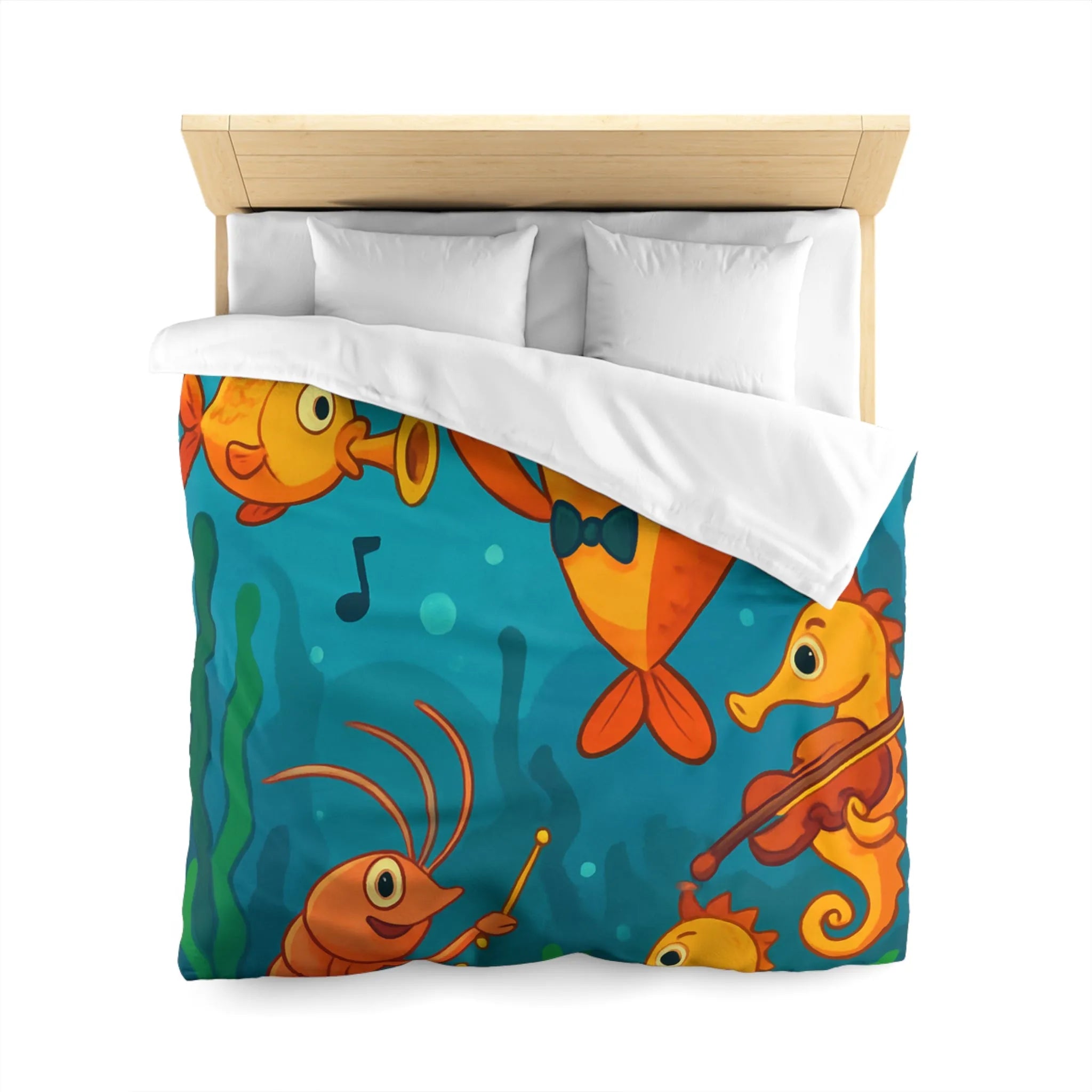 Housse de couette ludique pour enfants avec orchestre sous-marin de poissons et hippocampes