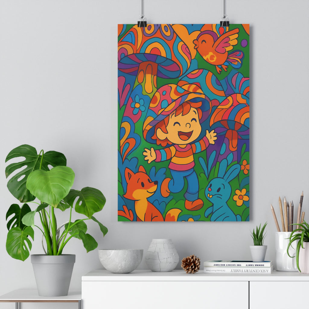 Poster décoratif enfant forêt coloré animaux cartoon rétro joyeux chambre nature orange bleu rose