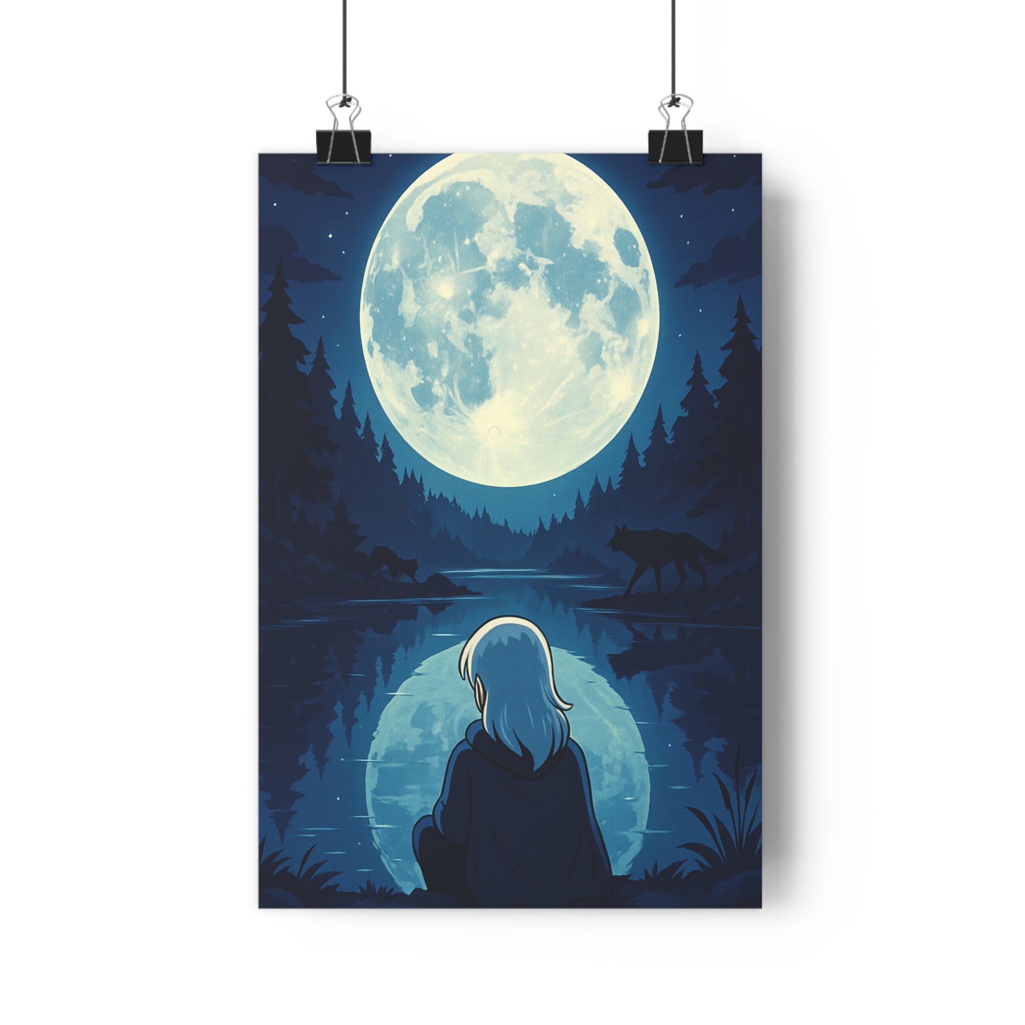 Poster décoratif dessin animé bleu gris mystique chambre salon calme rêveur paisible nature silhouette