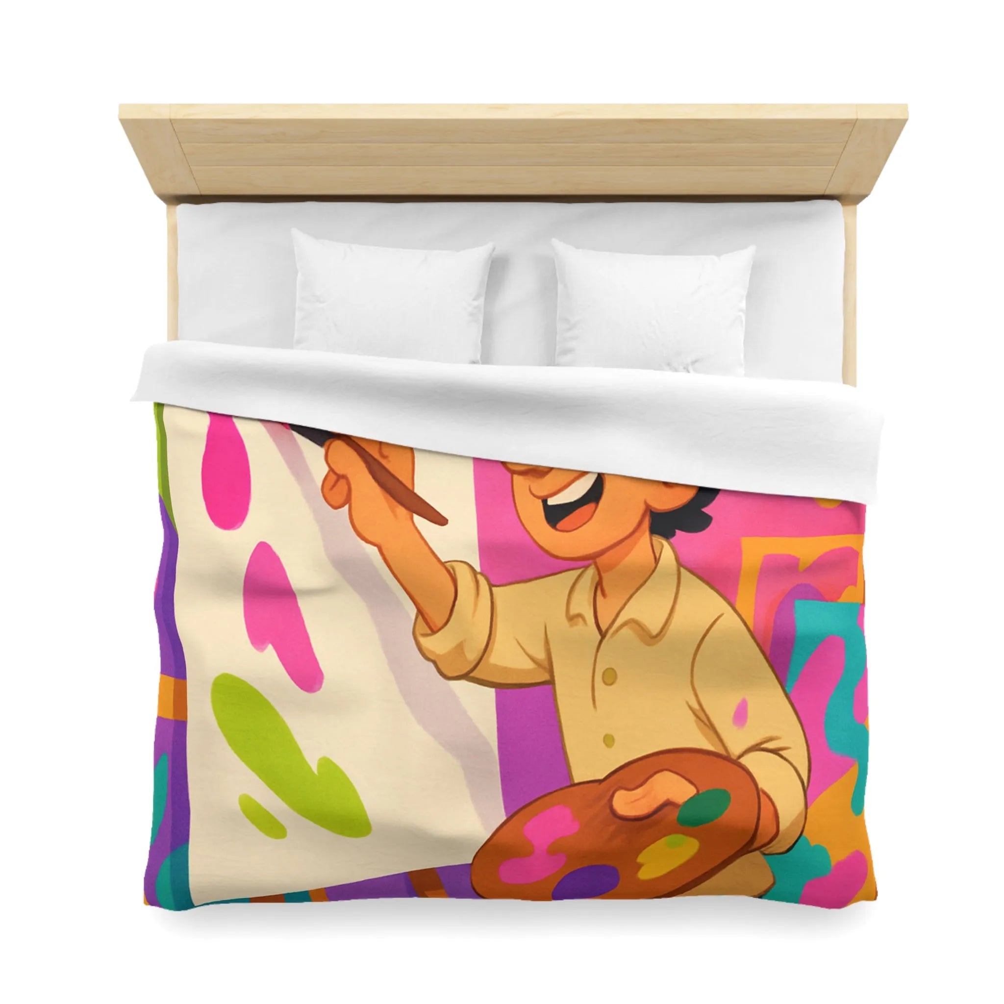 Housse de couette colorée avec artiste joyeux peignant des éclaboussures lumineuses abstraites