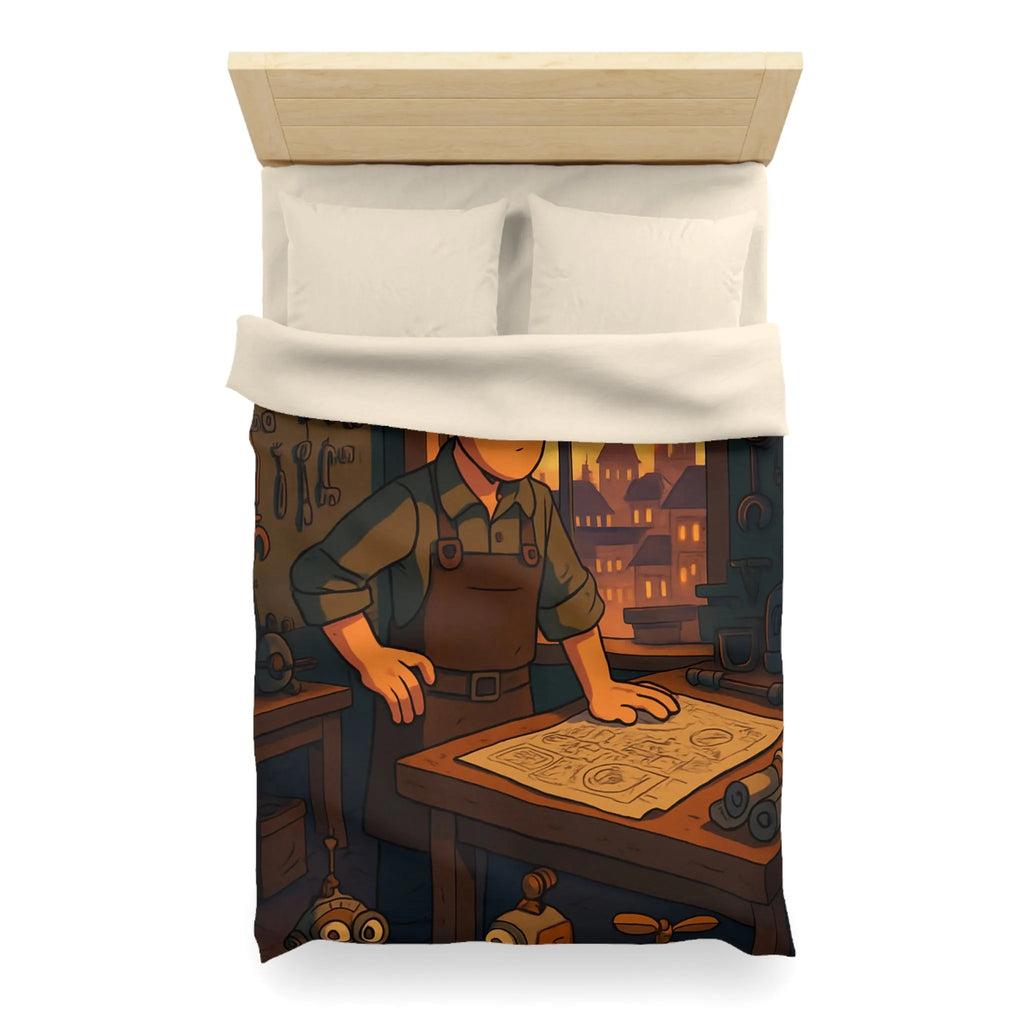 Housse de couette enfant avec illustration atelier rétro et robots amusants pour inventeur