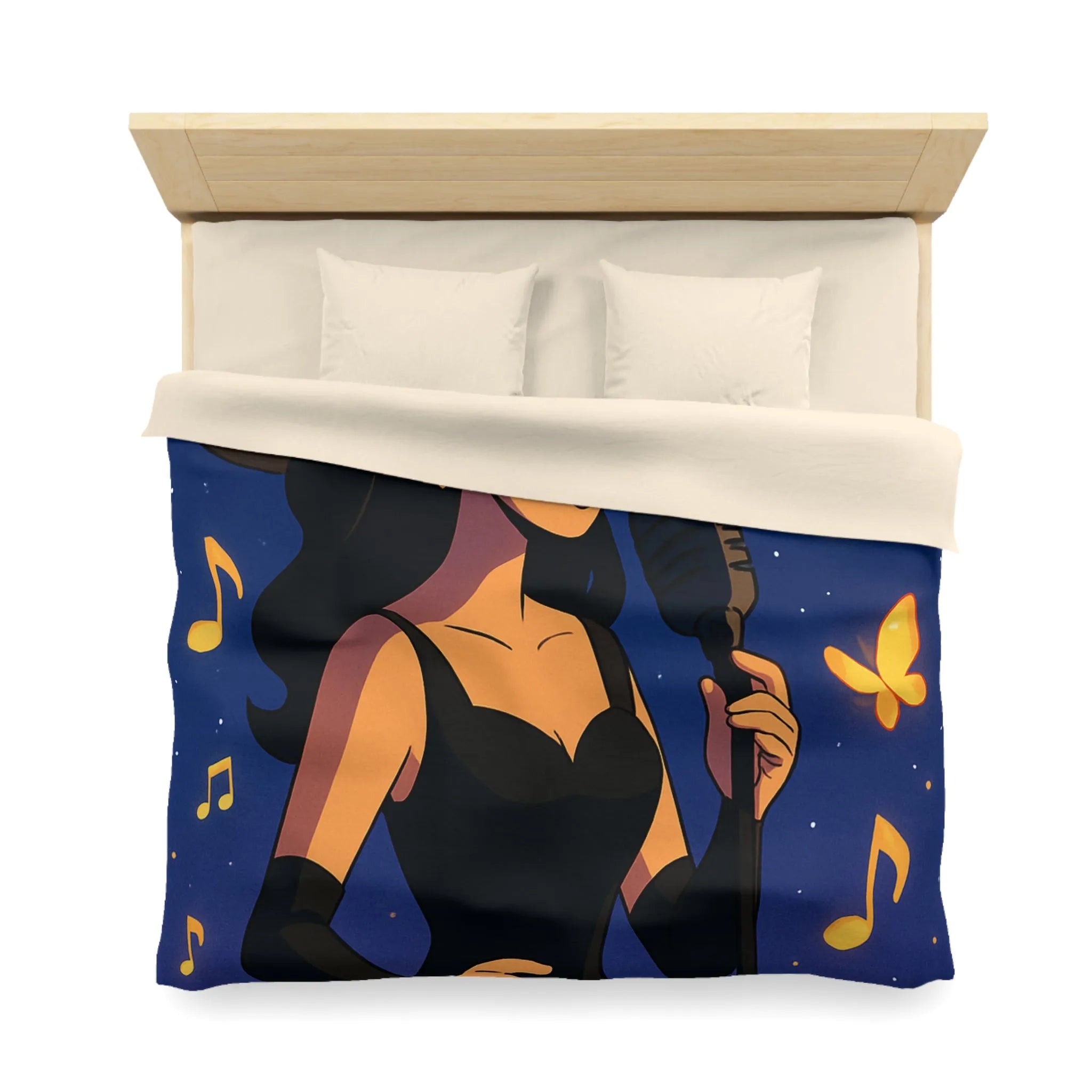 Élégant design musicien nocturne avec notes dorées et papillons sur fond étoilé bleu