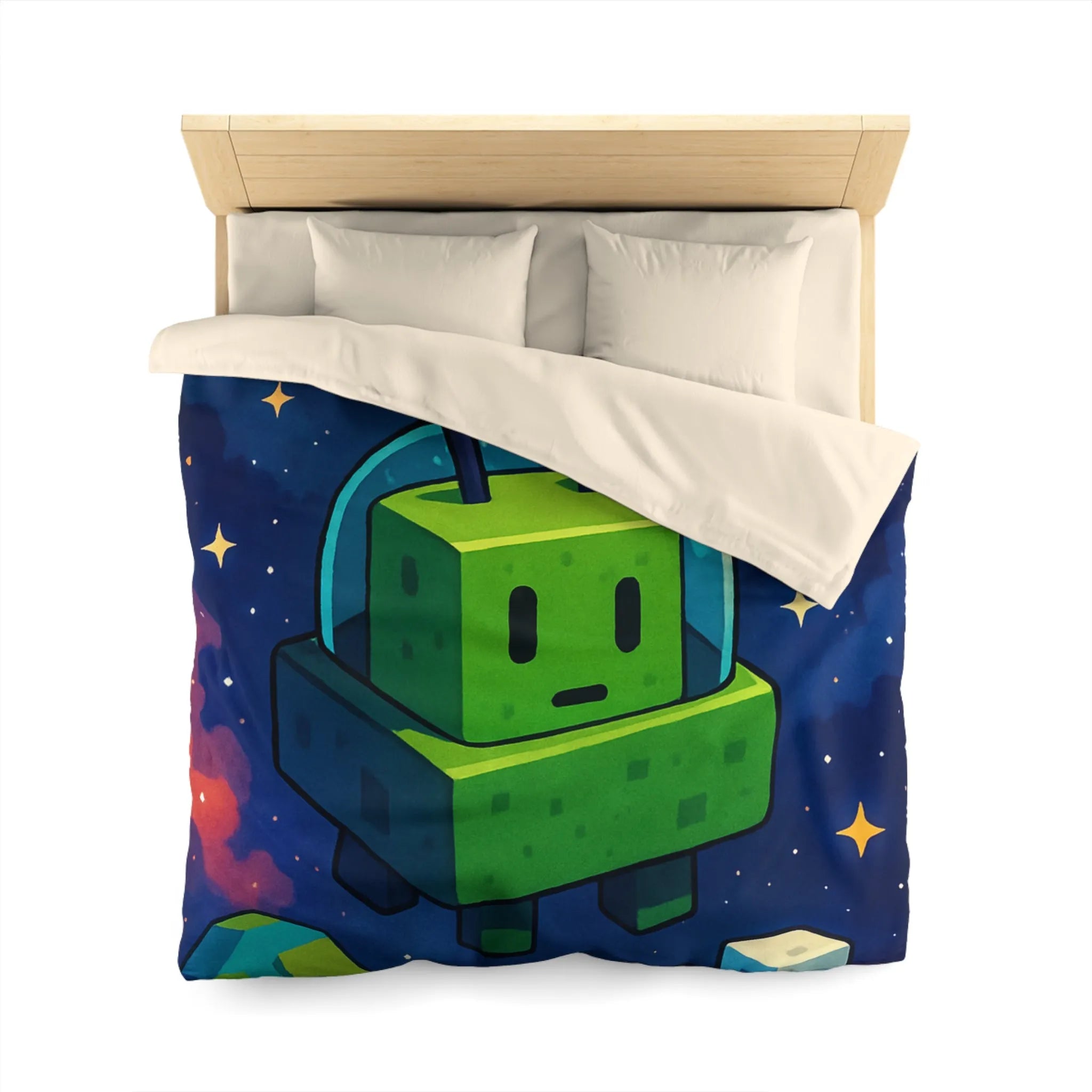 Housse de Couette Cosmos mignon extraterrestre vert cubique et planètes pixelisées