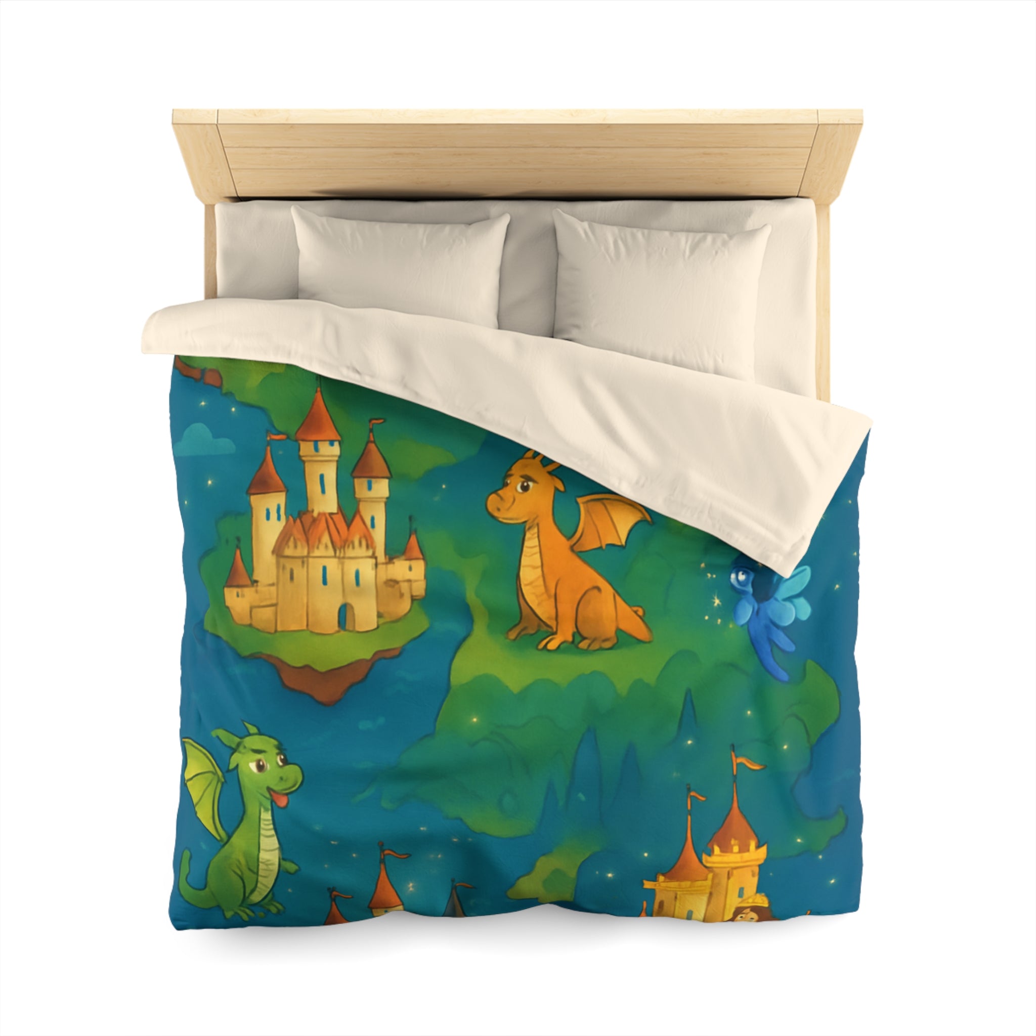 Housse de couette thématique féerique avec dragons, châteaux et un sorcier rêveur