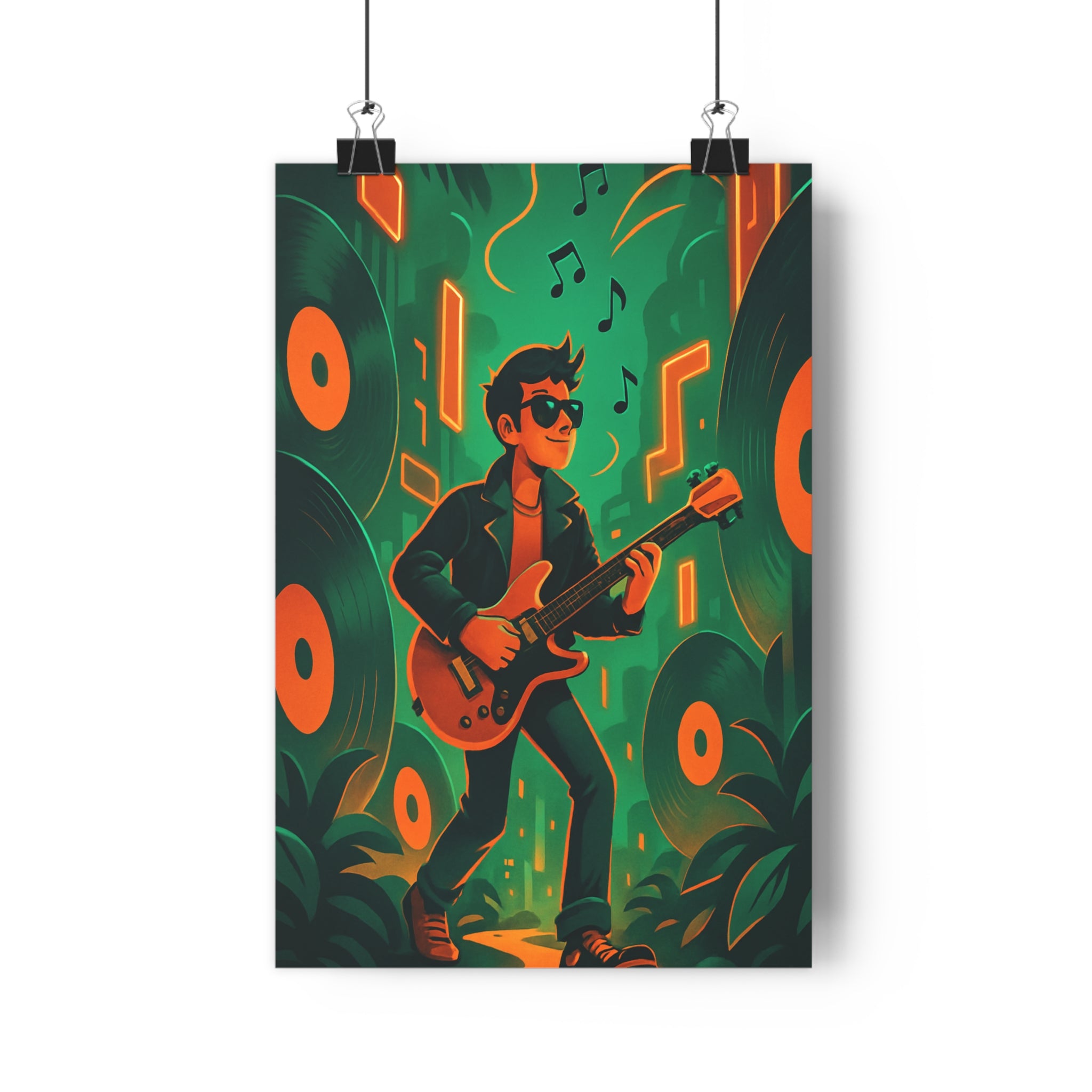 Poster décoratif aventurier cartoon vert orange chambre moderne dynamique musique ambiance vinyle studio guitare