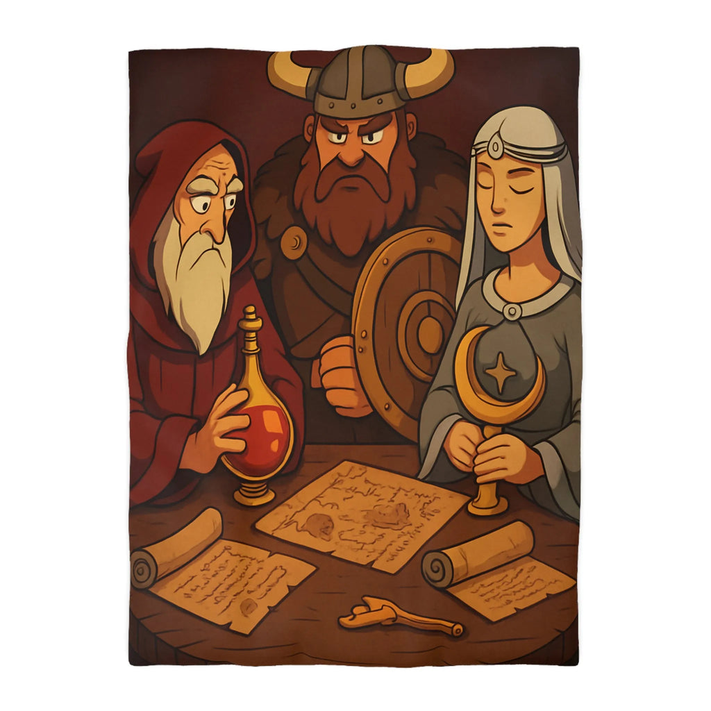 Housse de couette médiévale avec guerrier, mage et princesse tenant des artefacts anciens