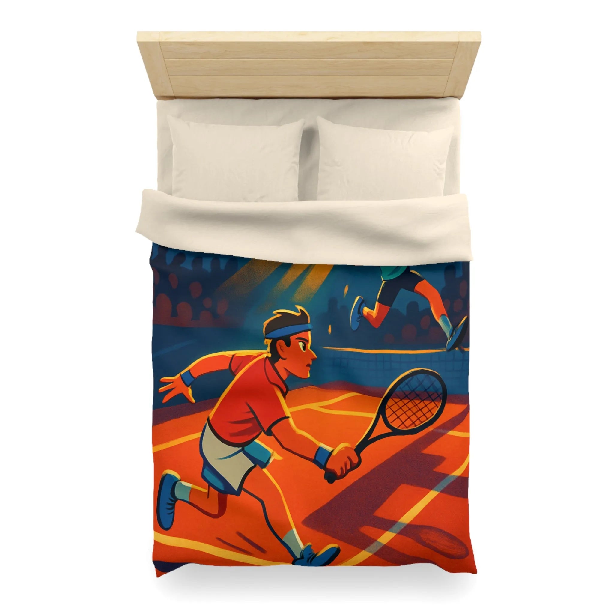 Housse de couette dynamique illustrant un match de tennis intense sous projecteurs éclatants
