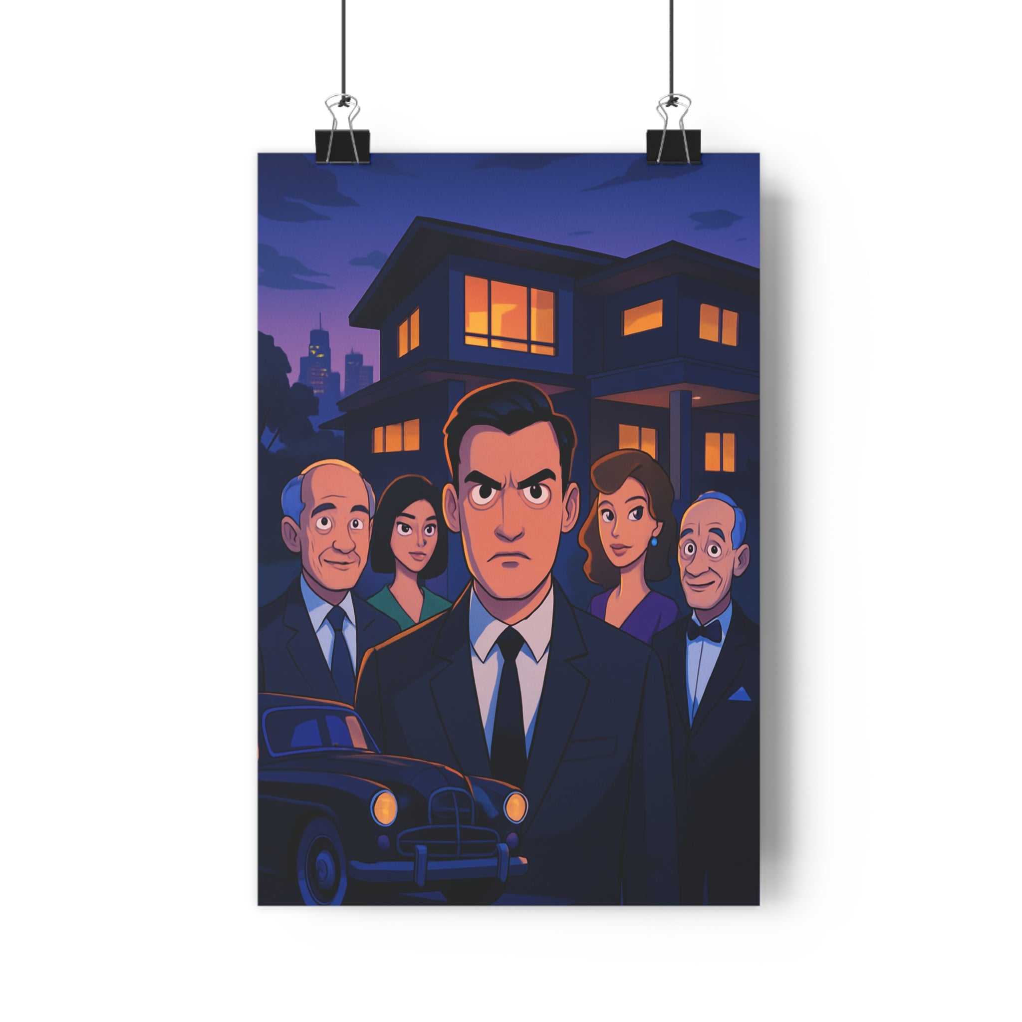 Poster décoratif mystérieux dessin animé violet orange salon moderne élégant crépuscule costumes maison voiture