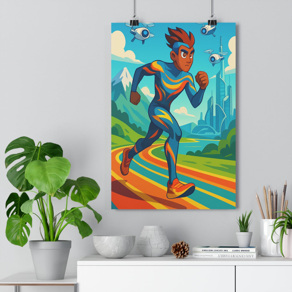 Poster décoratif dynamique athlète bleu orange vert moderne énergique chambre bureau salon vibrant tendance