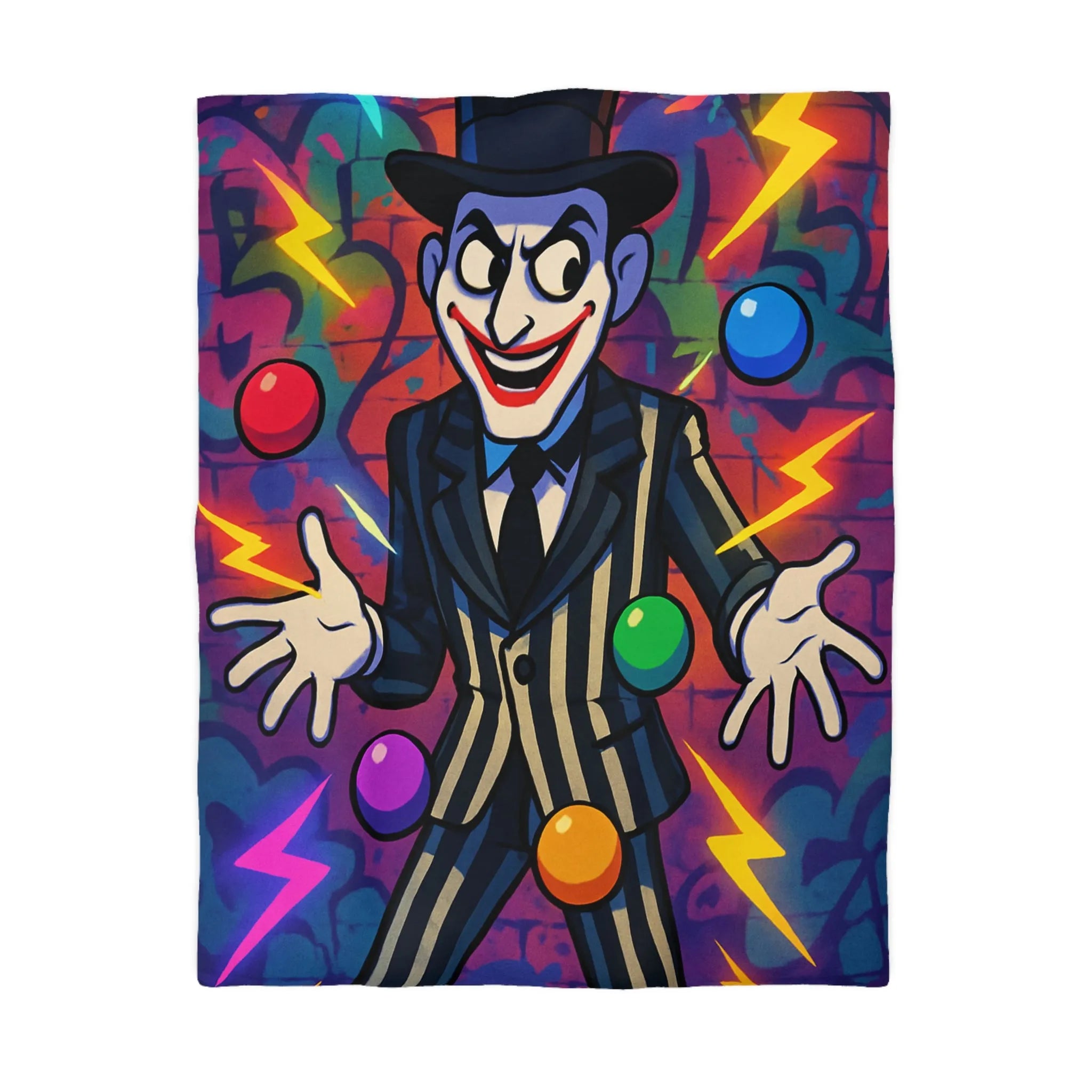 Housse de couette clown rayé jonglant avec des éclairs et des formes colorées