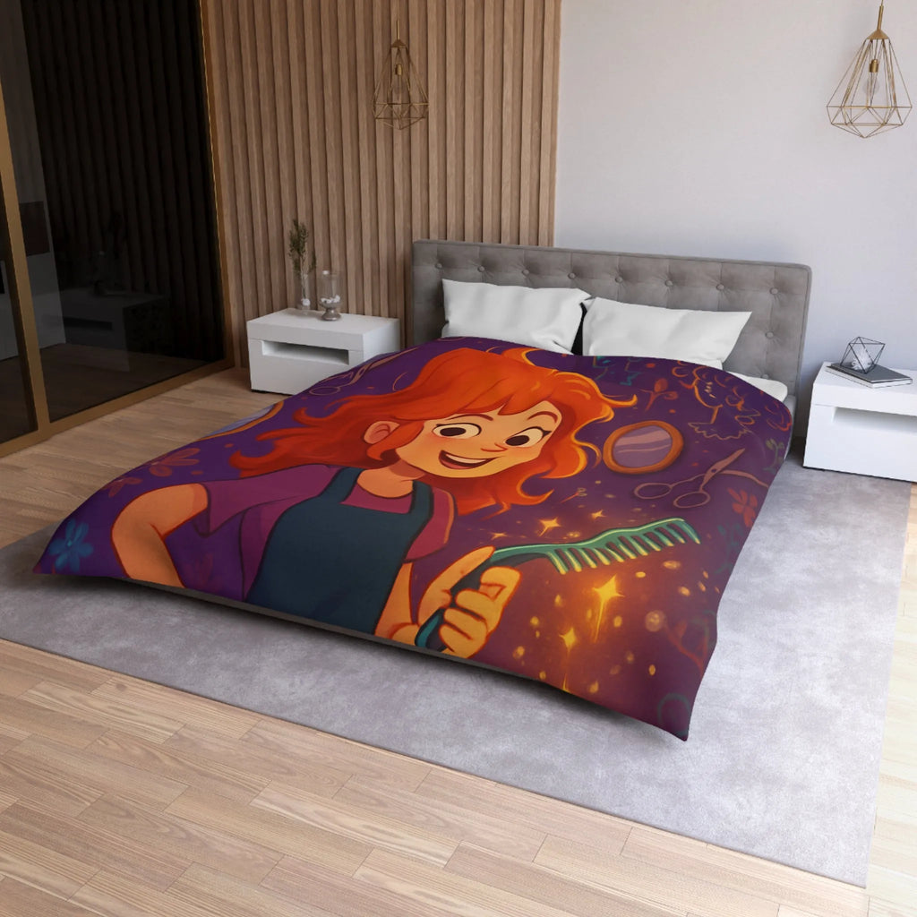 Housse de Couette Colorée avec Fille Rieuse et Ambiance Salon de Coiffure Magique