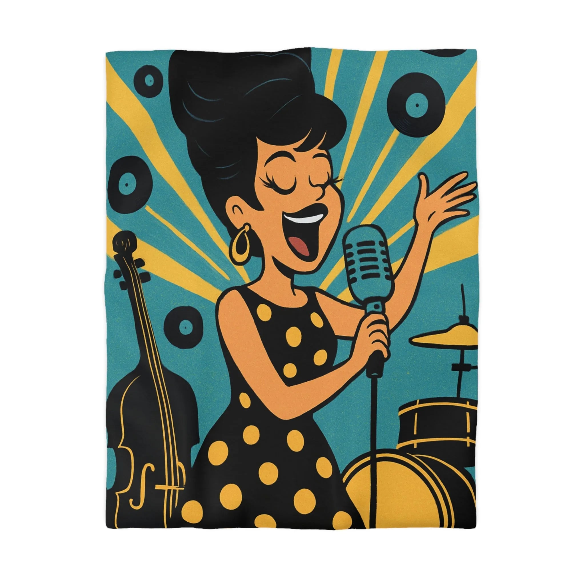 Housse de couette jazz rétro élégante avec chanteuse vintage et couleurs vibrantes