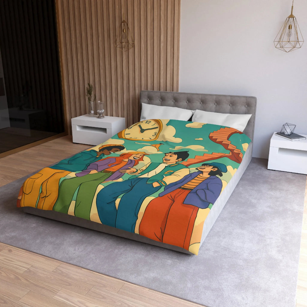 Housse de couette jeune amis rient sous escalier nuages horloge ciel bleu